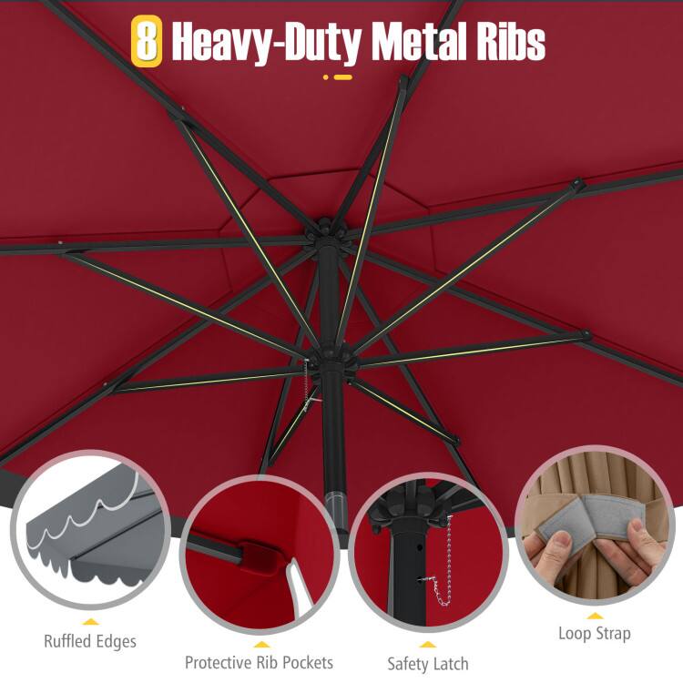 8 Heavy-Duty Metal Ribs  
Ruffled Edges  
Protective Rib Pockets  
Safety Latch  
Loop Strap