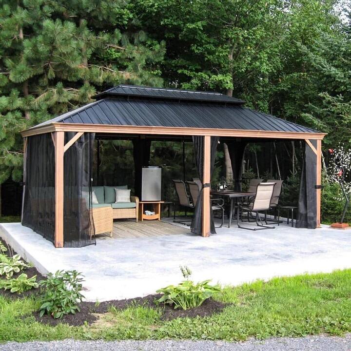 Alt View 1. PURPLE LEAF - 12' X 20' Hardtop Outdoor Wood Grain Aluminum Gazebo with Double Roof for Patio Lawn and Garden, Netting Included - 12' X 20'.