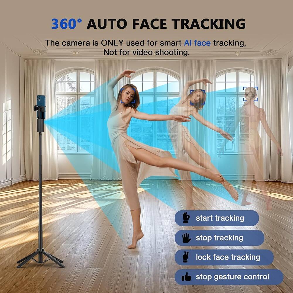 360° AUTO FACE TRACKING

The camera is ONLY used for smart AI face tracking, Not for video shooting.

- start tracking
- stop tracking
- lock face tracking
- stop gesture control