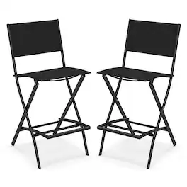Gymax - Folding Bar Stools Set of 2 Patio Sling Chairs w/ Backrest Humanized Footrest - Black