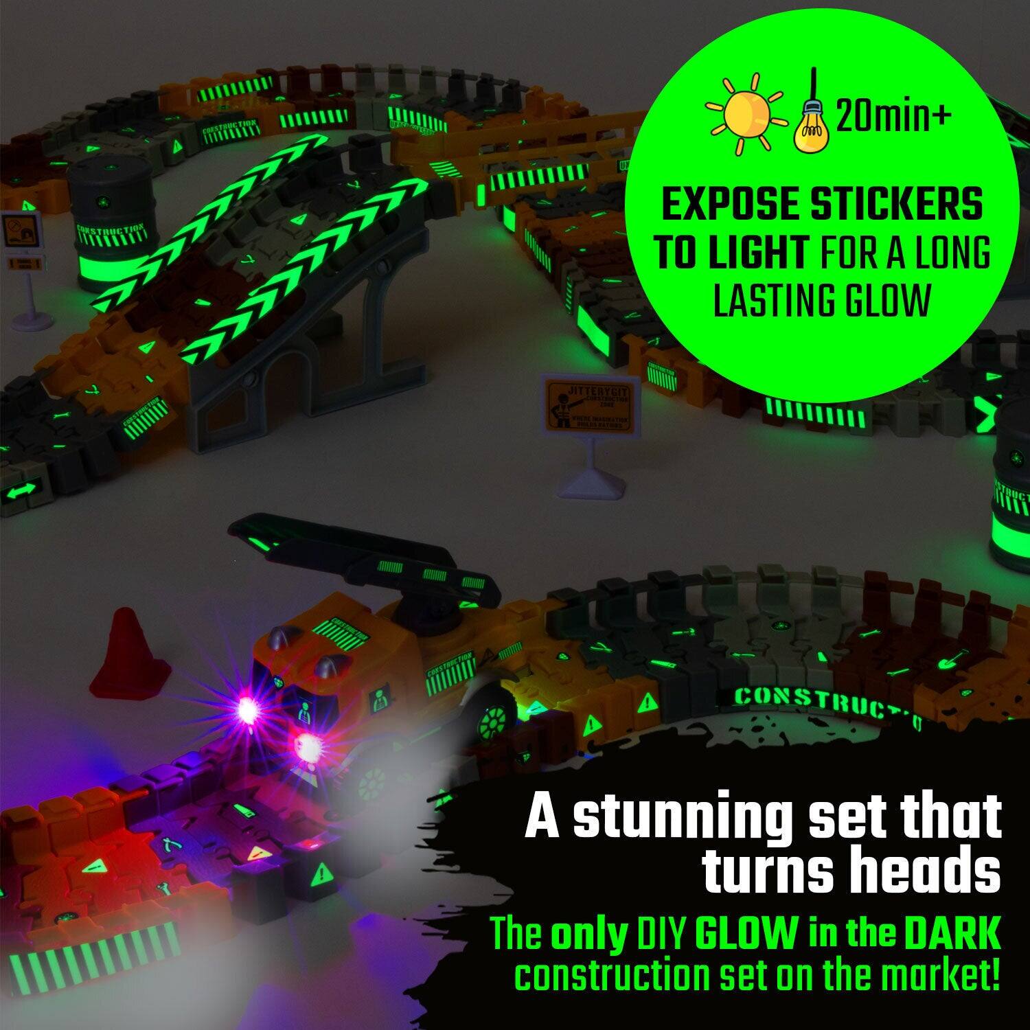mo 20min+  
EXPOSE STICKERS TO LIGHT FOR A LONG LASTING GLOW  
JITTERYGIT CONSTRUCTION DE  
DOLOS NATURE  
PRITE  
CONSTRUCTION  
A stunning set that turns heads  
The only DIY GLOW in the DARK construction set on the market!