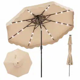 Costway - 10 FT Solar LED Patio Umbrella, Push-Button Tilt & Crank, 24 LED Lights & 8 Ribs - Beige