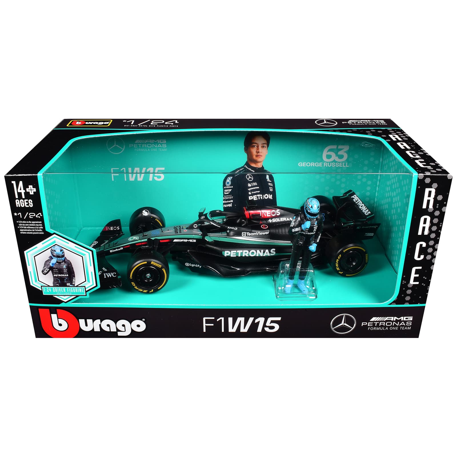 Mercedes-AMG F1 W15 E Performance #63 F1 Championship World Championship (2024) w/Figure 1/24 Model Car by Bburago