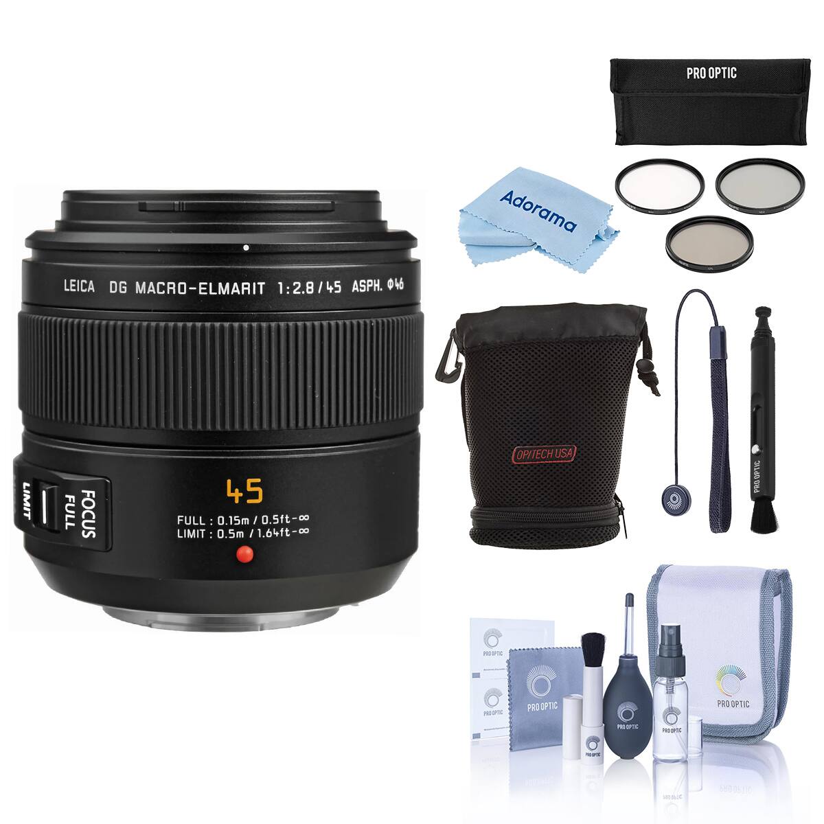 PRO OPTIC Adorama LEICA DG MACRO-ELMARIT 1:2.8/45 ASPH. 04 LIMIT I FULL FOCUS 45 FULL ILL : 0.15m/ 0.5ft- 0.15m I 0.5ft-0o 0O - LIMIT 0.5m I 1.64ft-o DO OPITECH USA 3L4M 1E POOTC PRO OPTC PRO OPTIC E ars