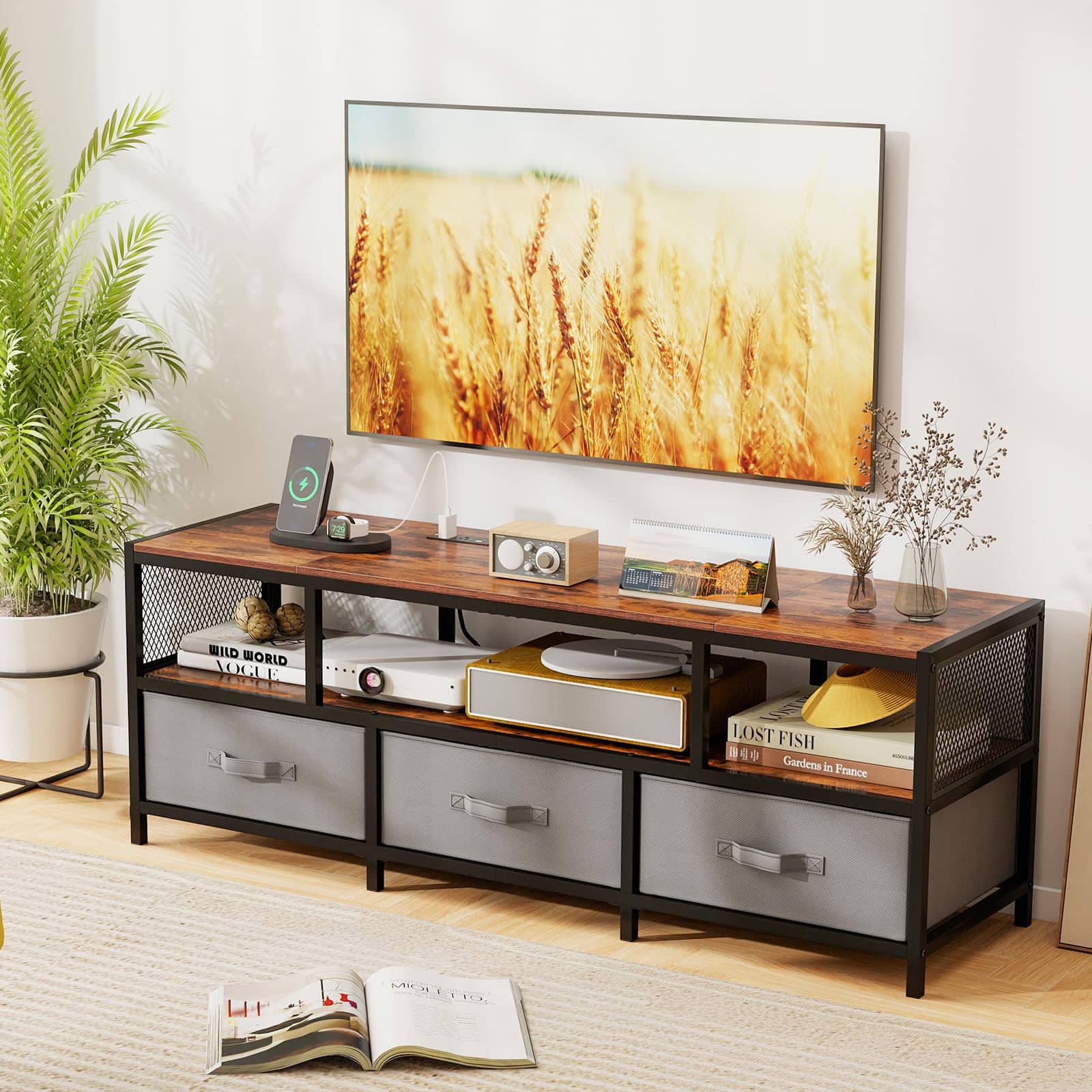 Ecooso - TV Stand for 65 Inch TVs with Power Outlets and USB Charging Ports - Rustic Brown + Gray + Black