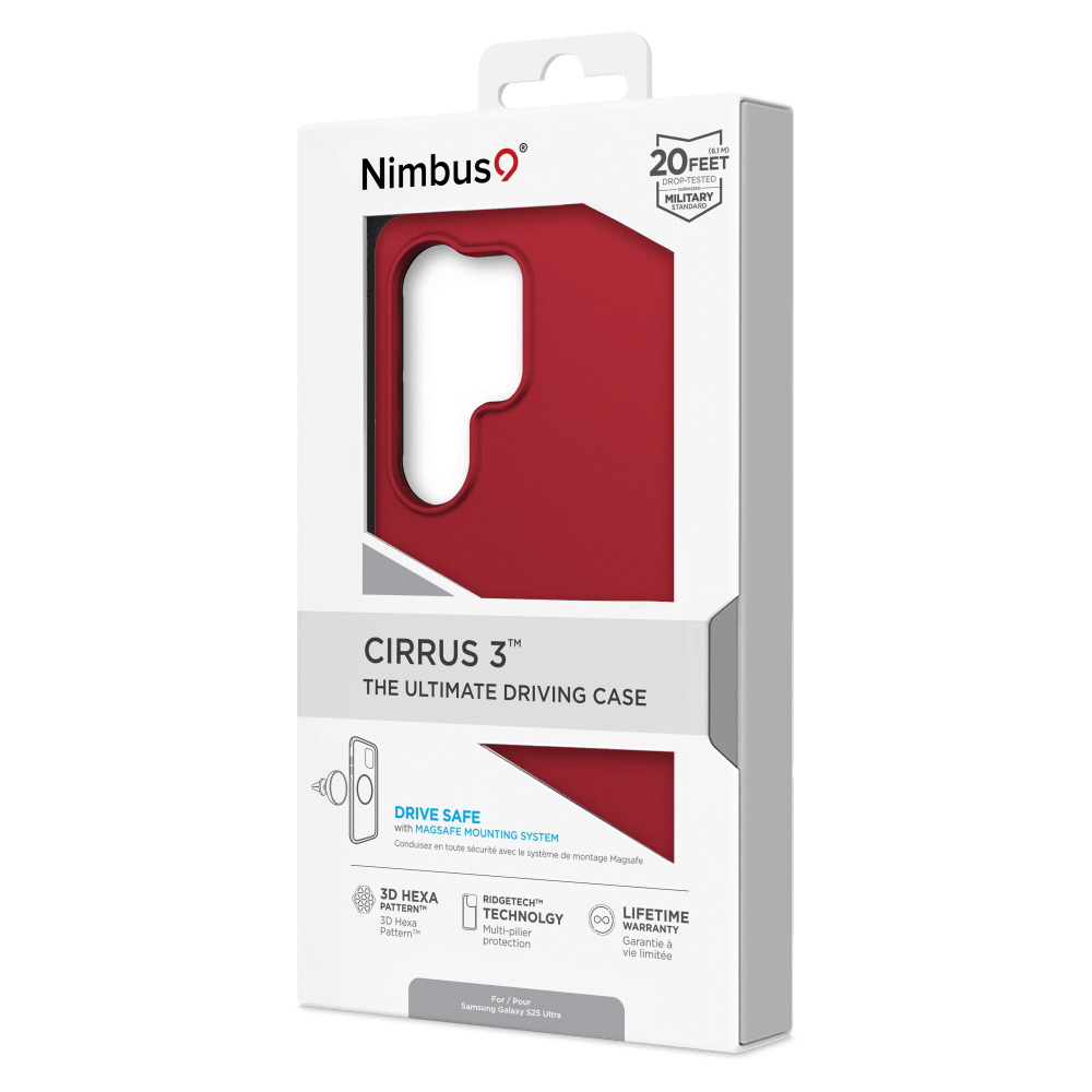 Nimbus  
(KIM) 20 FEET DROP-TESTED MILITARY STANDARD  
CIRRUS 3" THE ULTIMATE DRIVING CASE  
DRIVE SAFE with MAGSAFE MOUNTING SYSTEM  
Conduisez en toute sécurité avec le système de montage MagSafe  
3D HEXA PATTERN  
RIDGETECH TECHNOLOGY Multi-pilier protection  
LIFETIME WARRANTY Garantie à vie limitée  
For Samsung Galaxy S25 Ultra