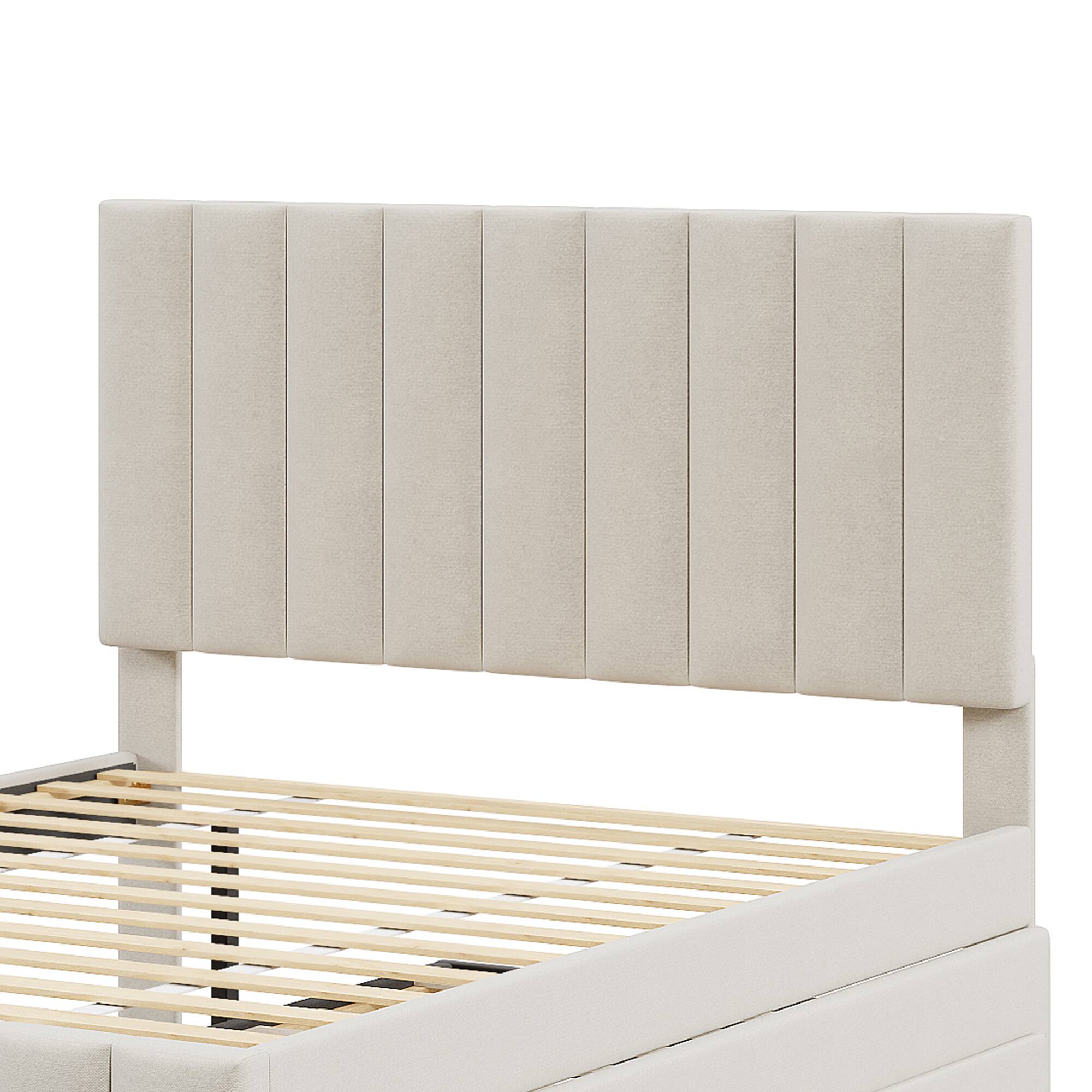 Alt View 2. Tiramisubest - Full Size Upholstered Platform Bed with Twin Size Trundle and 3 Drawers, Linen Fabric, Beige - Beige.