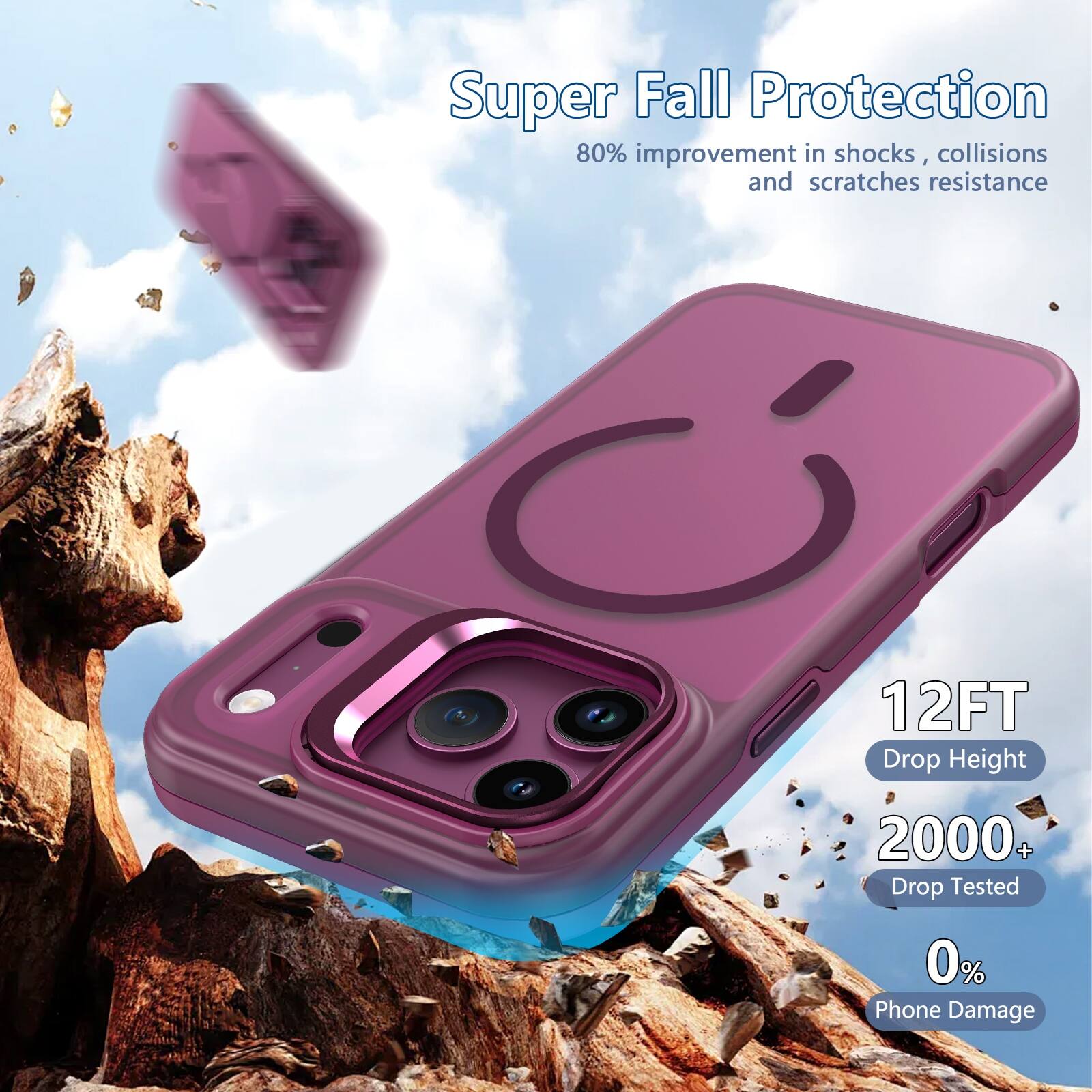 Super Fall Protection  
80% improvement in shocks, collisions and scratches resistance  

12FT Drop Height  
2000 Drop Tested  
0% Phone Damage