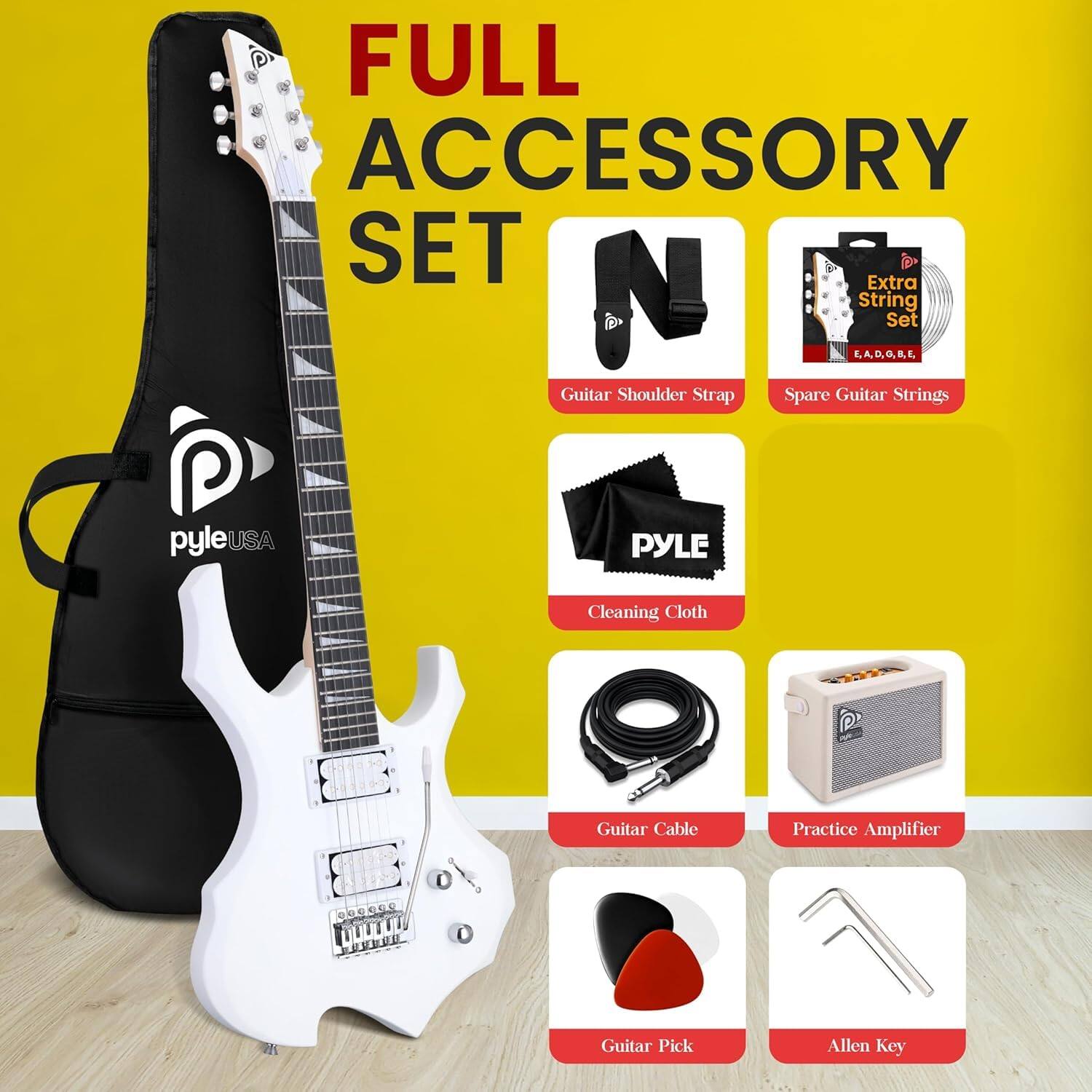 FULL ACCESSORY SET

- Guitar Shoulder Strap
- Extra String Set (E.A.D.G.B.E.)
- Spare Guitar Strings
- Cleaning Cloth
- Guitar Cable
- Practice Amplifier
- Guitar Pick
- Allen Key