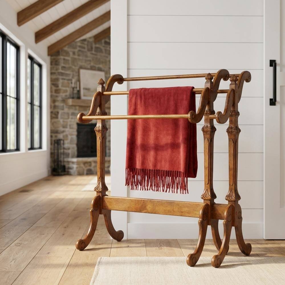 Alt View 4. Starlight Canyon Home - Wooden Blanket Stand with Trestle Base - Medium Brown.