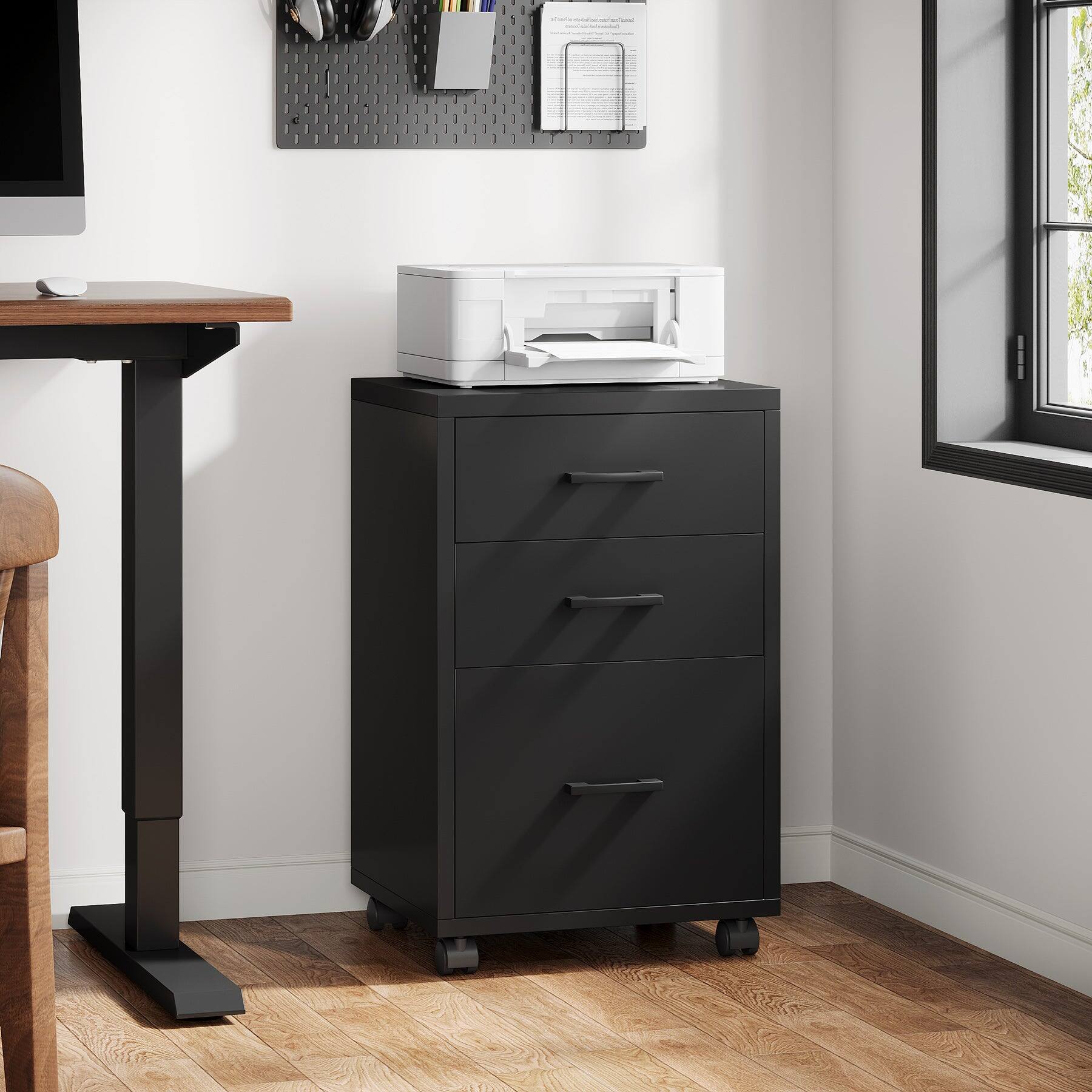 Angle. Tribesigns - Office Computer Desk with Wooden Frame, Storage Drawers, for Computer Work, Writing and Study in Home Offices - Black.