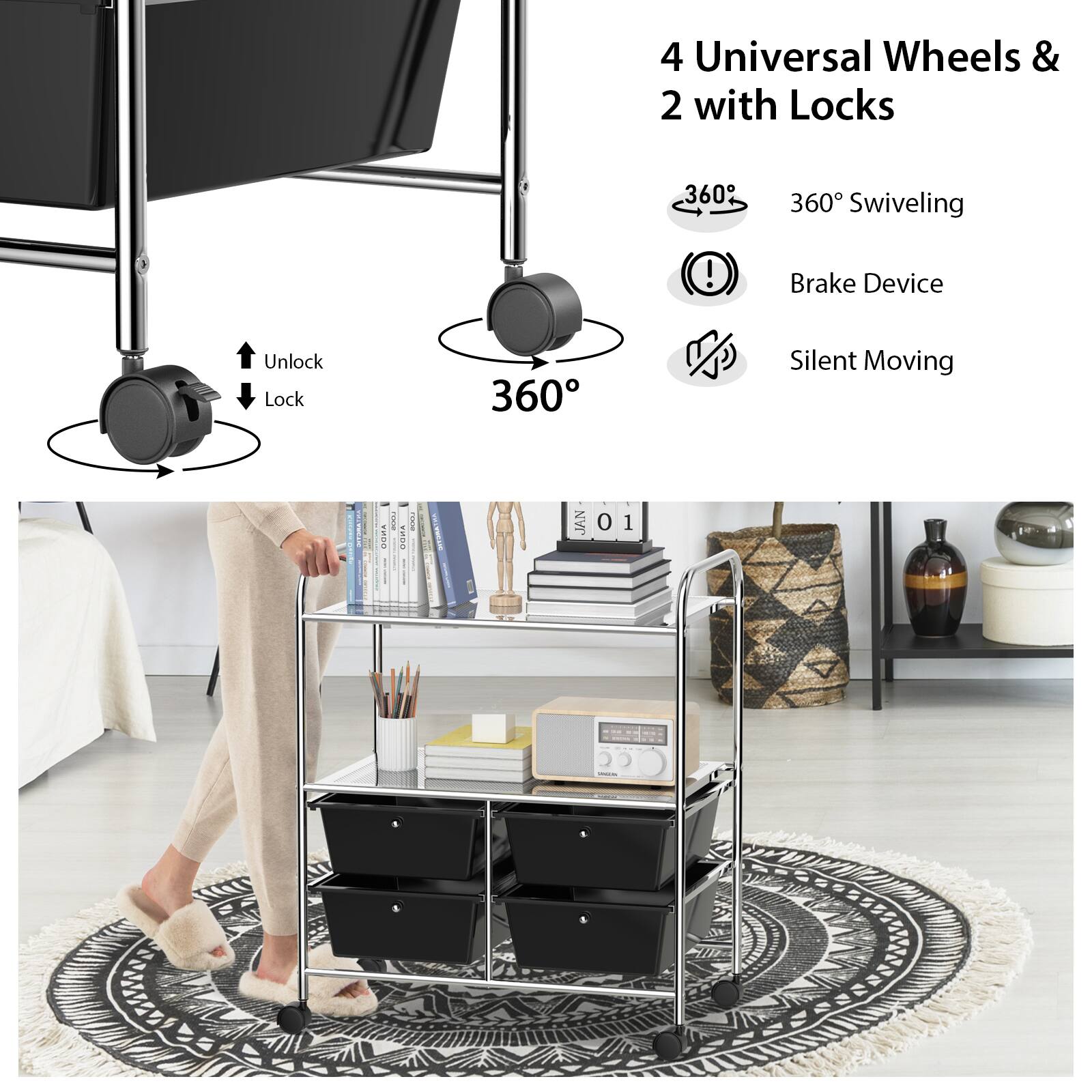 The image features a woman walking with a cart that has four universal wheels and two with locks. The cart is designed for easy maneuvering and has a brake device for added safety. The woman is wearing white pants and is walking on a carpet. The cart is also equipped with a silent moving feature, making it a convenient and quiet option for transporting items.