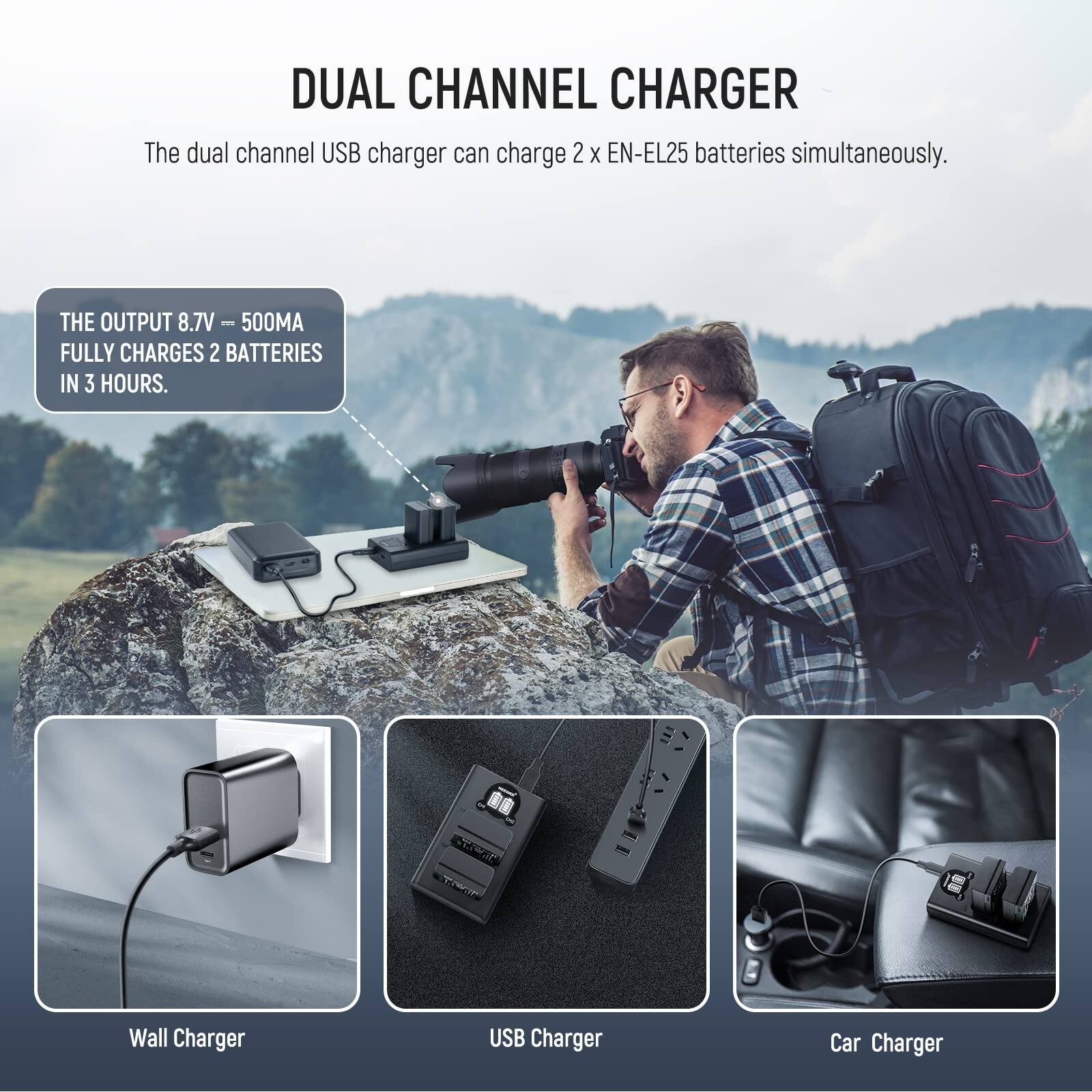 DUAL CHANNEL CHARGER

The dual channel USB charger can charge 2 x EN-EL25 batteries simultaneously.

THE OUTPUT 8.7V - 500MA FULLY CHARGES 2 BATTERIES IN 3 HOURS.

Wall Charger  
USB Charger  
Car Charger