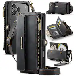 UUCOVER - For Apple iPhone 18 Pro Max Crossbody Zipper Wallet Folio Case with RFID Card Slots, Kickstand & Shoulder Wrist Strap - Black