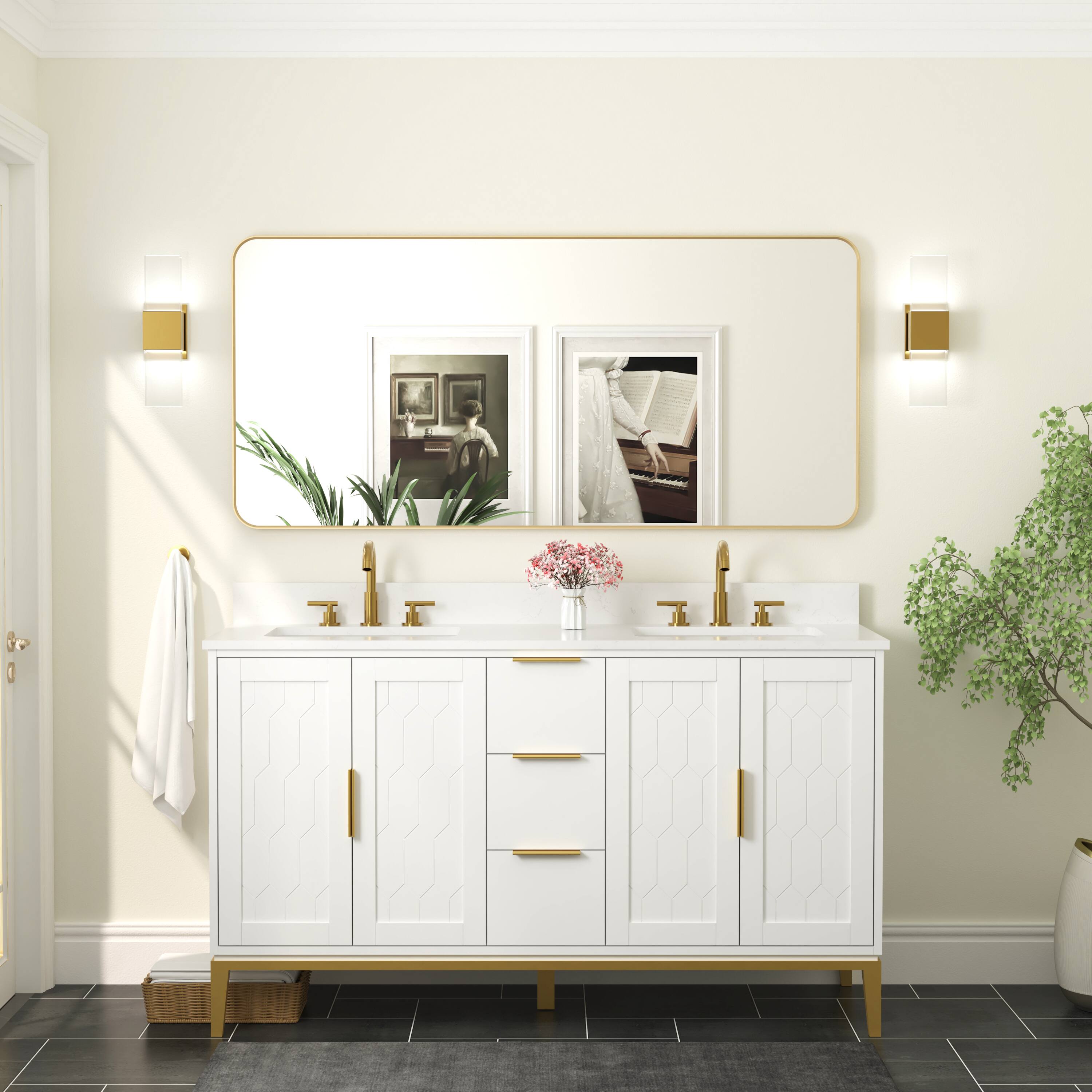 Alt View 1. WELLFOR - 60 in. W. x 28 in. H Rectangular Aluminum Framed Wall-Mounted Bathroom Vanity Mirror - Brushed Gold.