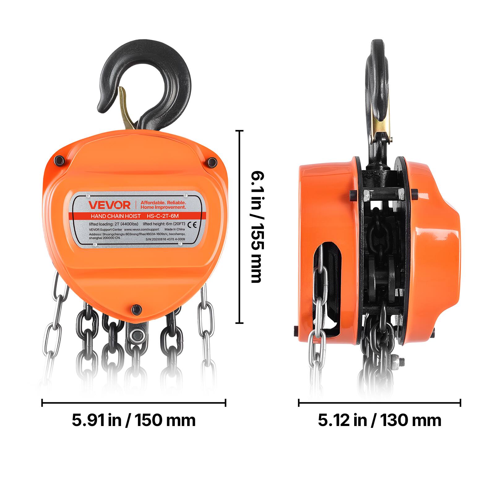 Affordable Reliable VEVOR Home Improvement. HAND CHAIN HOIST HS-C-21-6M. Swivel lifting hook 2T (4400lbs) lifted height: 6.1 in (155 mm).