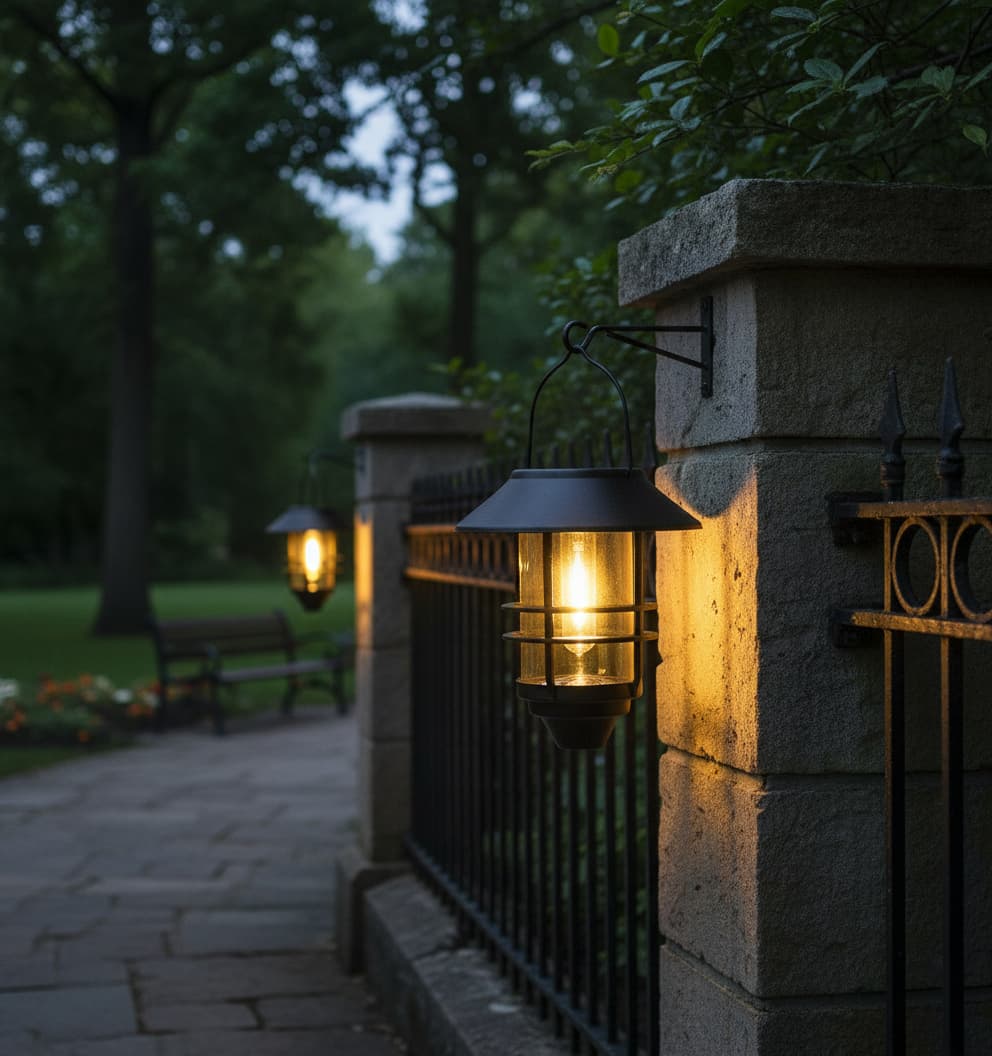 Alt View 4. FINEAK - 11" 2 Pack Solar Hanging Lanterns - Glass Metal Waterproof with Wall Mount Kit - Black.