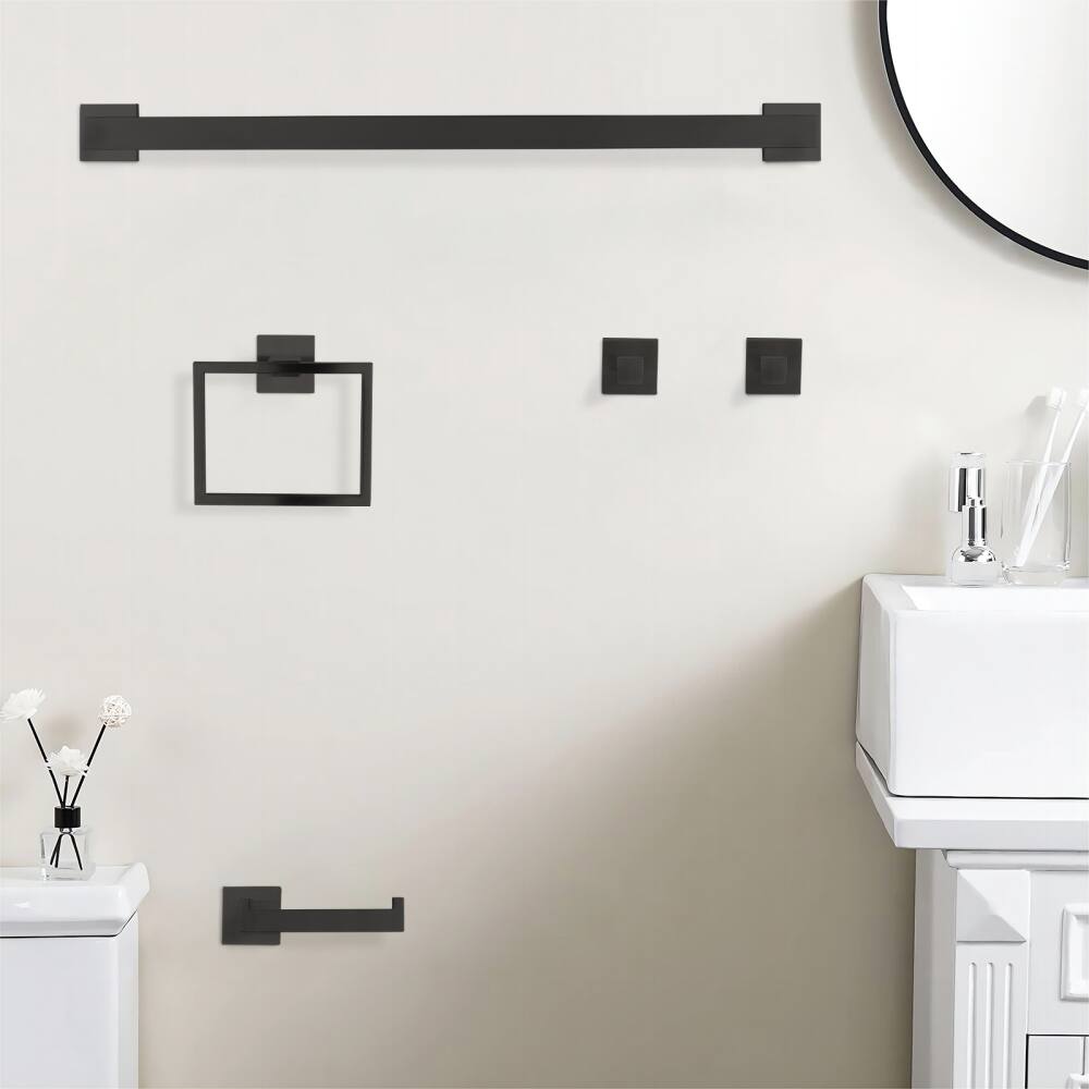 Back. JUJABU - 5-Piece Bathroom Set Towel Bar + Ring + Hooks + TP Holder, Black - Black.