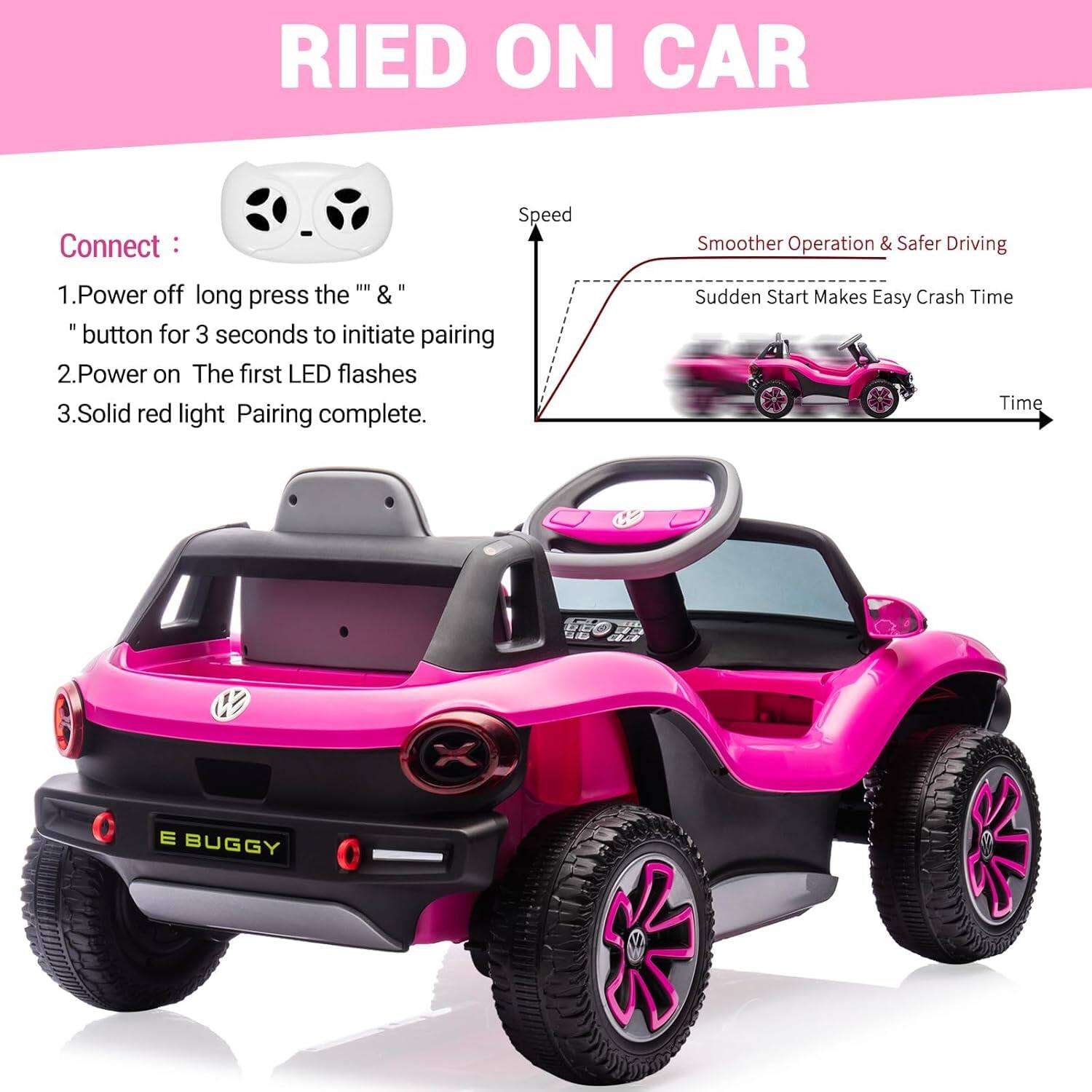 **RIED ON CAR**

**Connect:**
1. Power off long press the "" & "" button for 3 seconds to initiate pairing
2. Power on. The first LED flashes
3. Solid red light. Pairing complete.

**Speed**
**Smoother Operation & Safer Driving**
**Sudden Start Makes Easy Crash Time**
**Time**