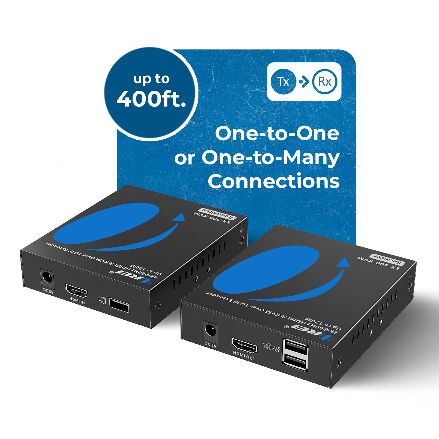 up to 400ft. Tx Rx One-to-One or One-to-Many Connections WAN Transmustse aOS 2D32 di o Dvet WAN N H 120M ihE - RG dn DC 14 HOAR IN EX-500-KVM Receiver Extender al Ta Over KVM PTIN HDMI 120M 02 & Hs UP DC W HOMI OUT