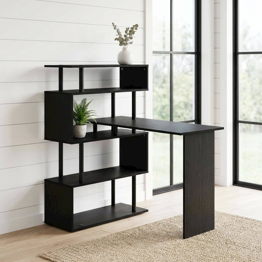 Angle. BisonOffice - L-Shaped Computer Desk with 5-Tier Shelves, Amber Finish, Space-Saving Workspace - Americano/Black.