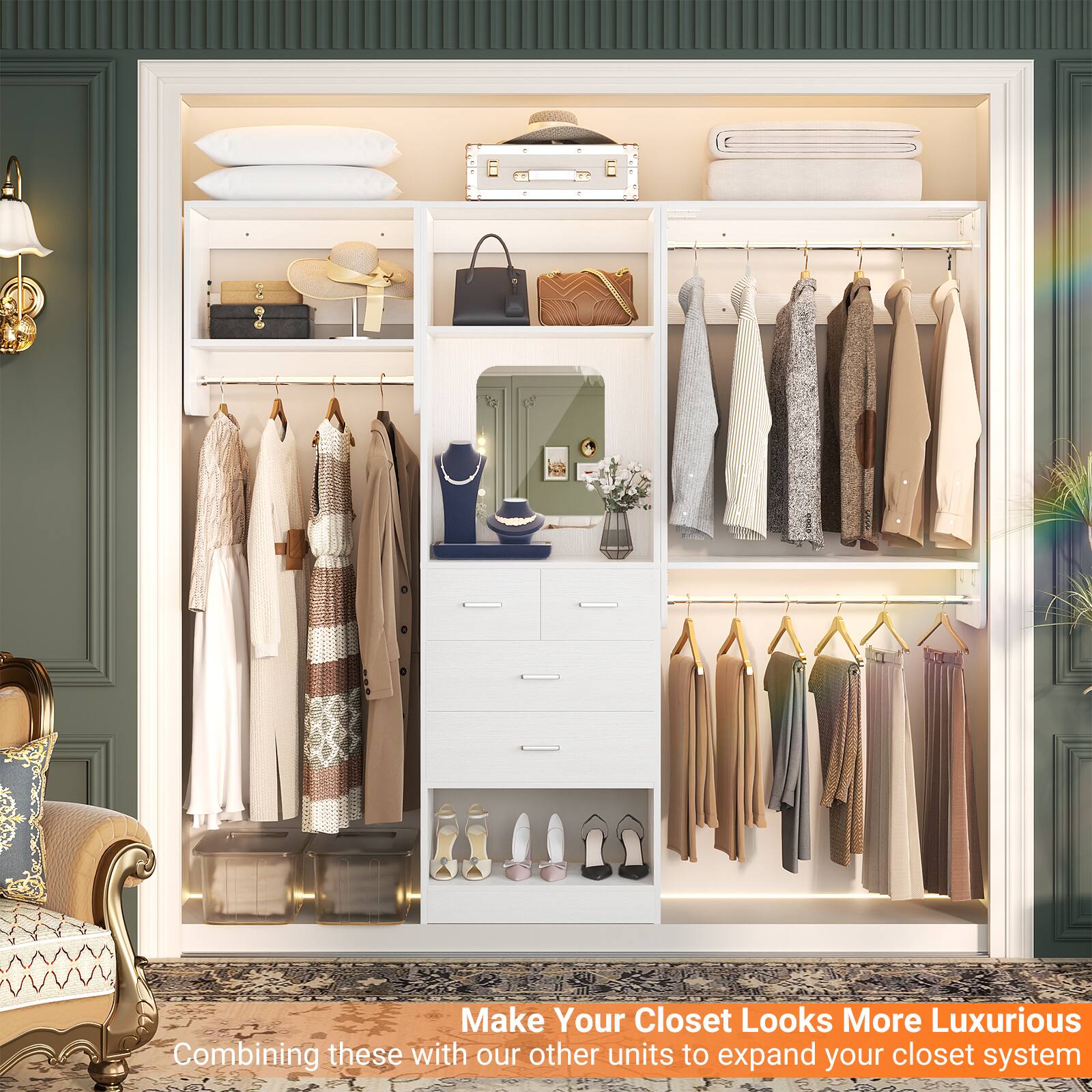 Make Your Closet Look More Luxurious  
Combining these with our other units to expand your closet system