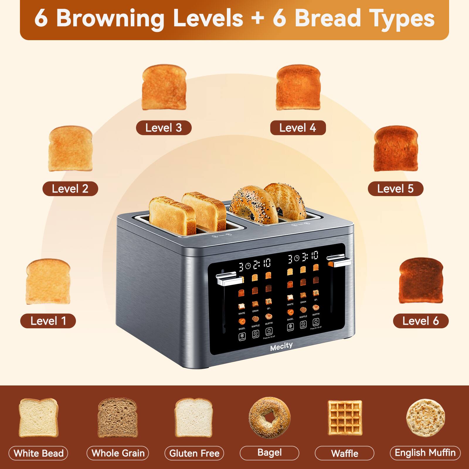 6 Browning Levels + 6 Bread Types

Level 1
Level 2
Level 3
Level 4
Level 5
Level 6

White Bread
Whole Grain
Gluten Free
Bagel
Waffle
English Muffin