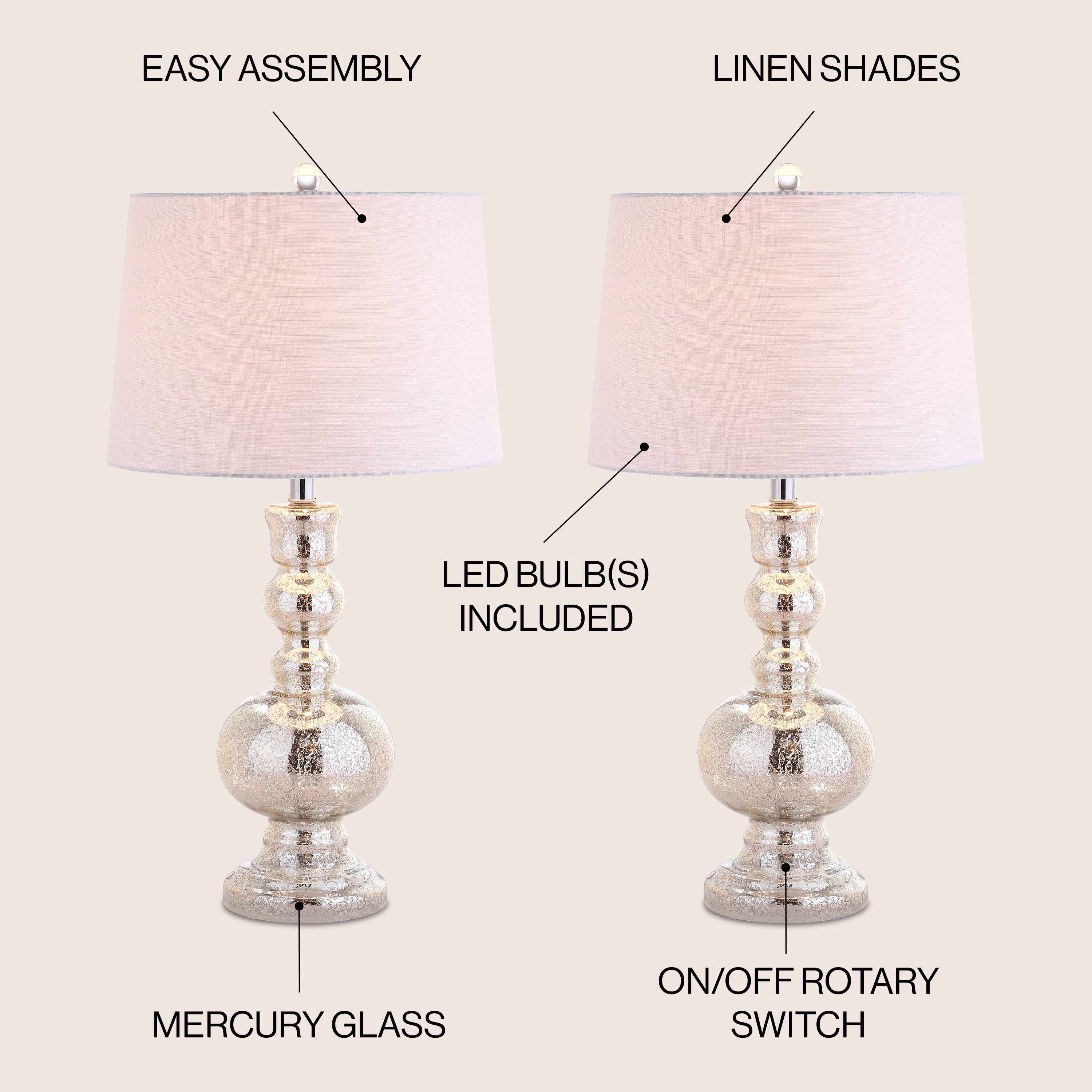 EASY ASSEMBLY  
LINEN SHADES  
LED BULB(S) INCLUDED  
MERCURY GLASS  
ON/OFF ROTARY SWITCH