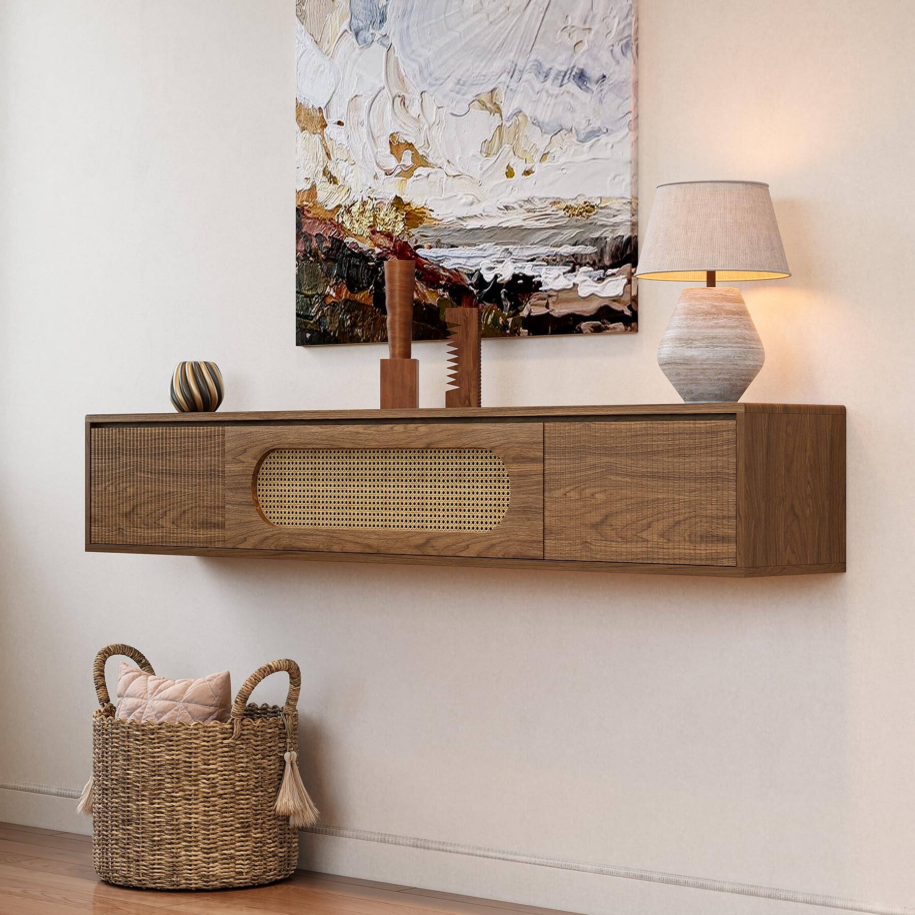 Alt View 4. Tribesigns - LITTLE TREE 71'' Floating TV Stand Wall Mounted, Large Floating TV Stand, Fluted Floating Shelf for Under TV, Modern Med - Rustic Brown.