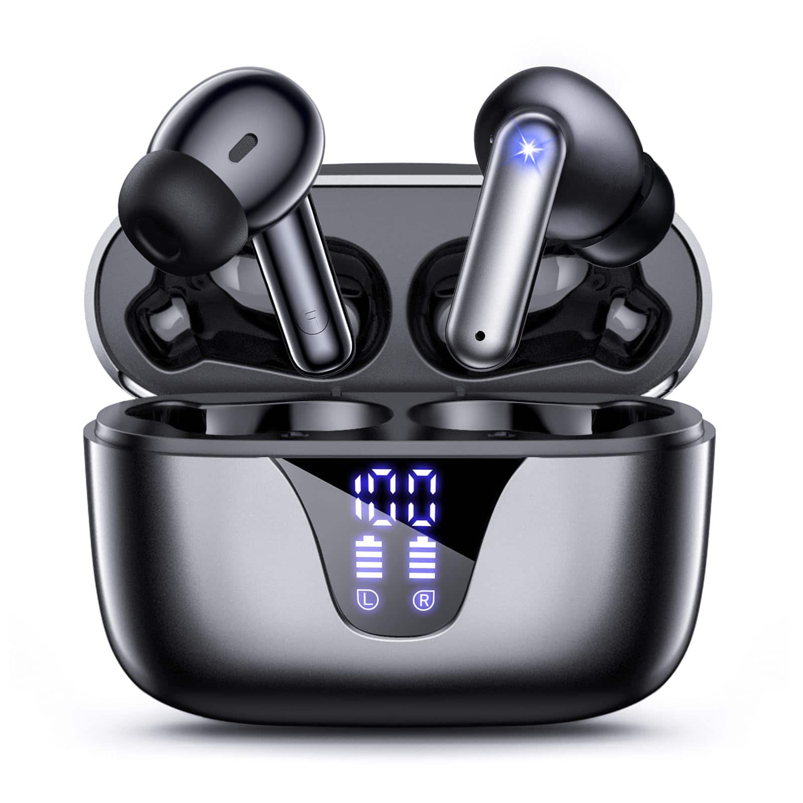Front. Trigiz - Wireless Earbuds, Bluetooth Headphones, 65hrs Stereo Deep Bass with Power Display Charging Case, buit in Mic,IPX7 - Gray.