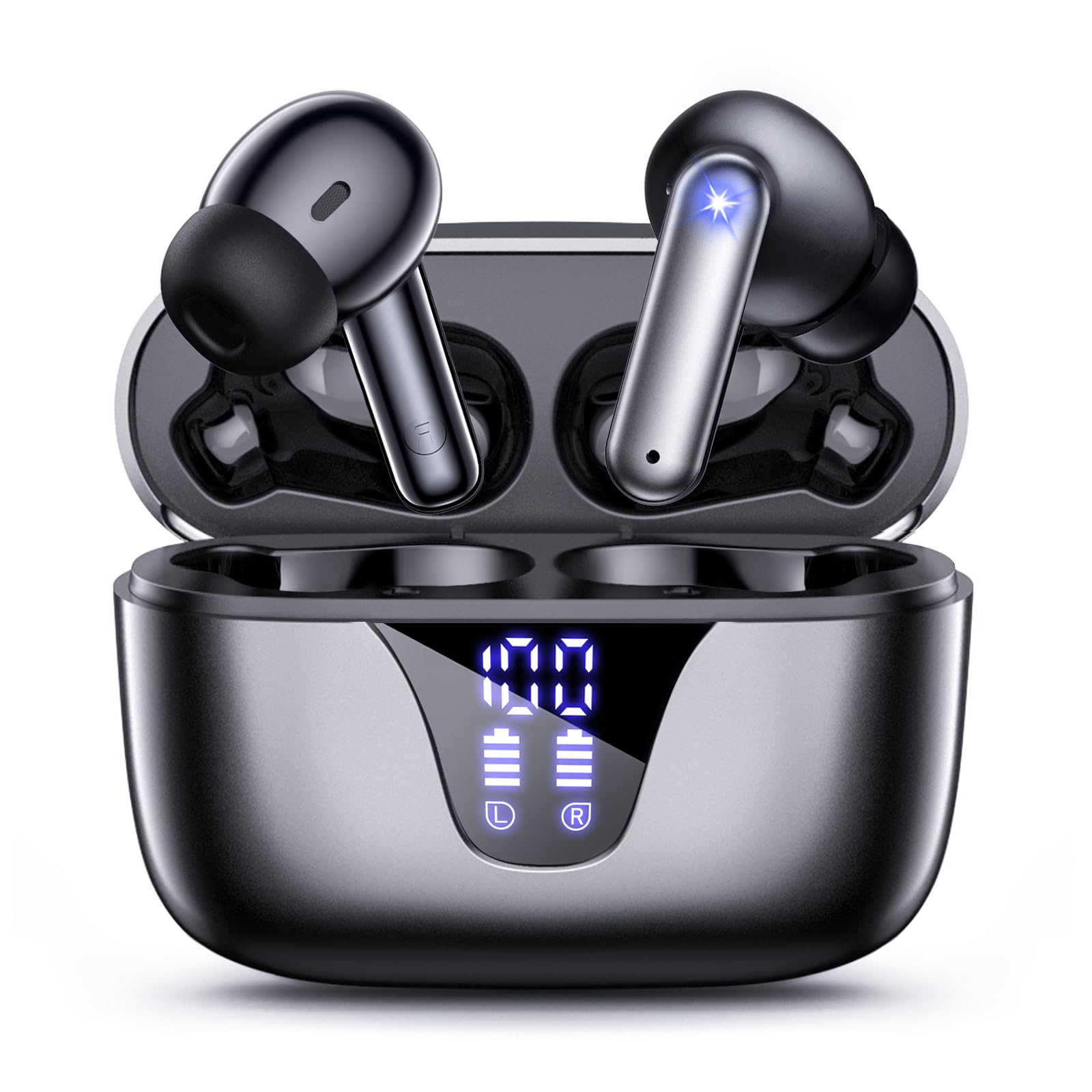 Front. Trigiz - Wireless Earbuds, Bluetooth Headphones, 65hrs Stereo Deep Bass with Power Display Charging Case, buit in Mic,IPX7 - Gray.