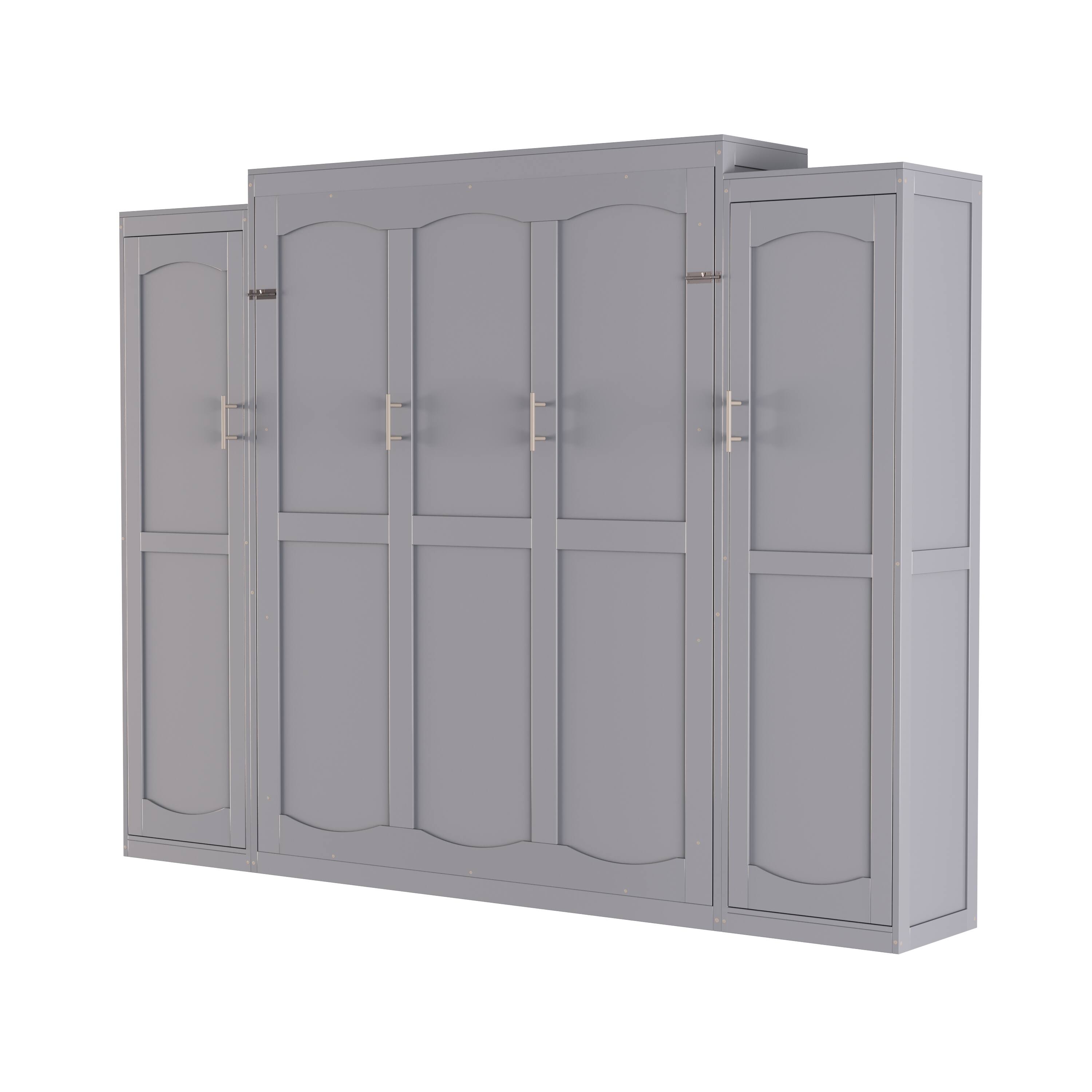 Alt View 8. Tiramisubest - Full Size Murphy Bed with 2 Wardrobe and Storage Shelf, Multifunctional Foldable Platform Bedframe, Gray - Gray.