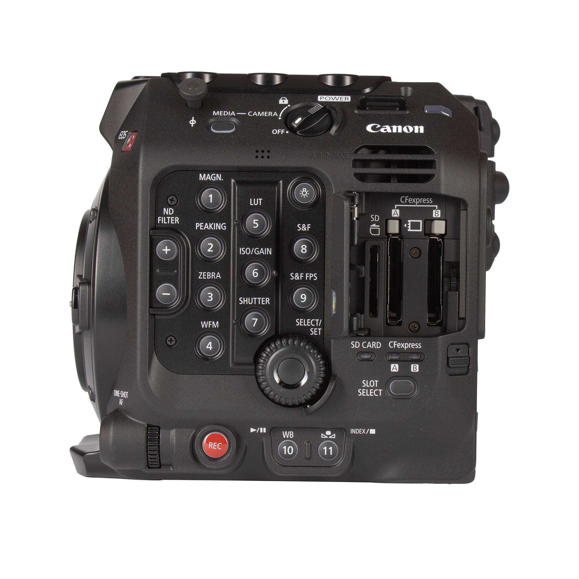 POWER 55 MEDIA CAMERA OFF Canon AR Ike ND FILTER MAGN. 1 PEAKING LUT 5 S&F SD CFexpress A B + 2 ISO/GAIN 8 ZEBRA 6 S&F FPS - 3 SHUTTER 9 + WFM 4 7 SELECT/ SET % SD CARD CFexpress A B A SLOT SELECT REC WB 10 11 INDEX