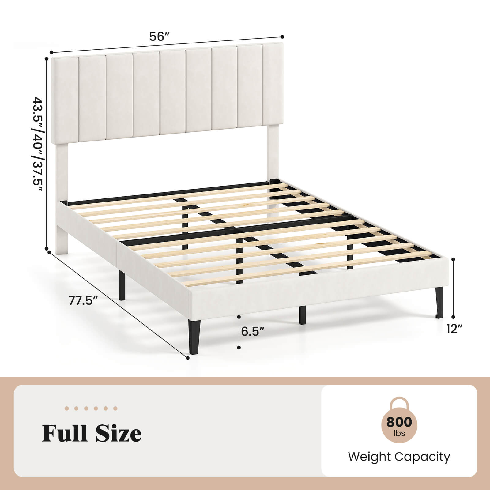 56"  
43.5"/40"/37.5"  
77.5"  
6.5"  
12"  
Full Size  
800 lbs Weight Capacity