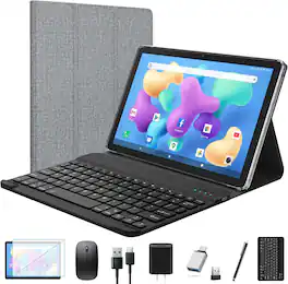 FEONAL - Tablet 2025 Latest Android Tablet 10 inch, Octa-Core Tableta with Keyboard, 128GB + 8GB +1TB Expandable Storage - Gray