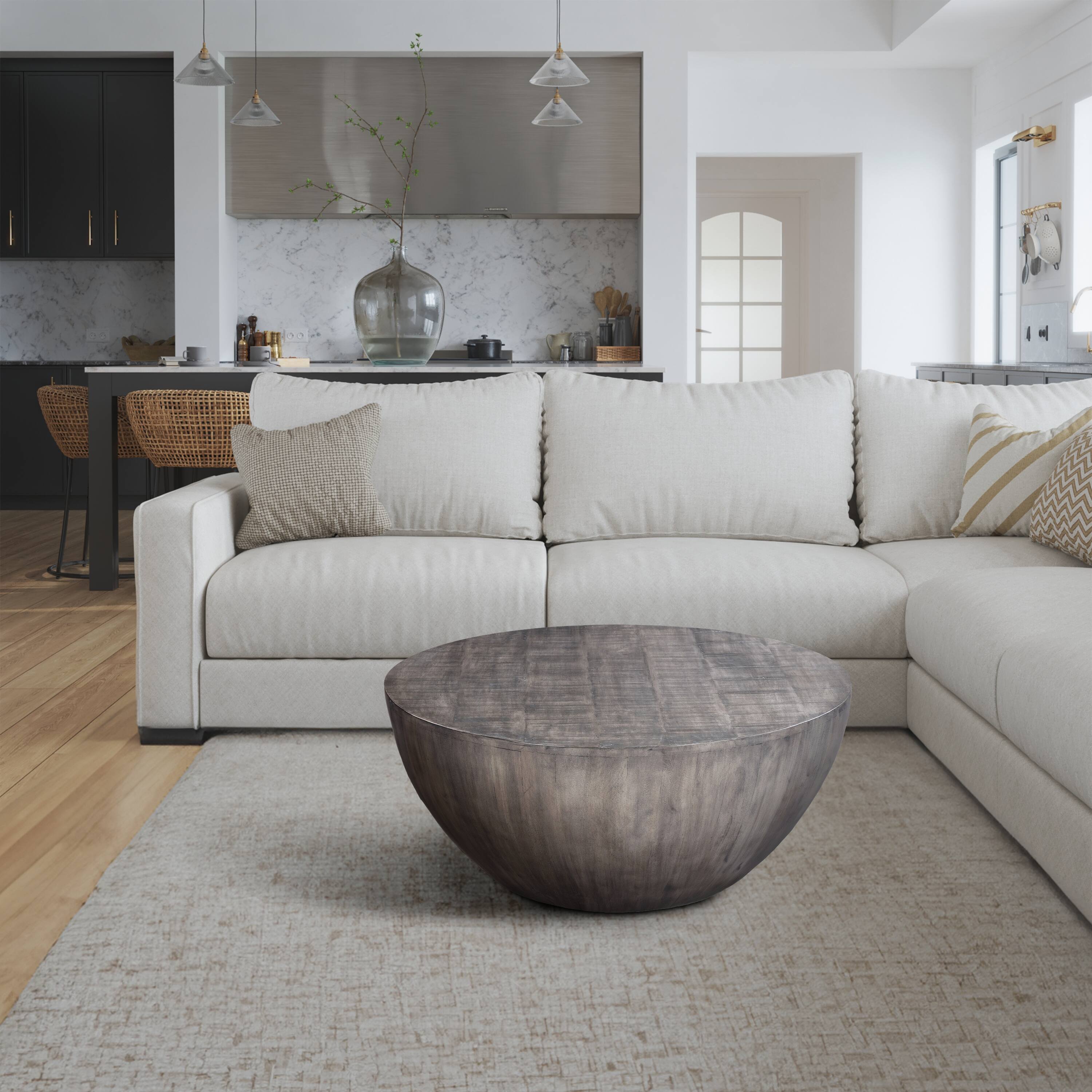 Alt View 10. Manhattan Lane - 36 Inch Round Coffee Table, Handcrafted Drum Shape - Olive Gray.