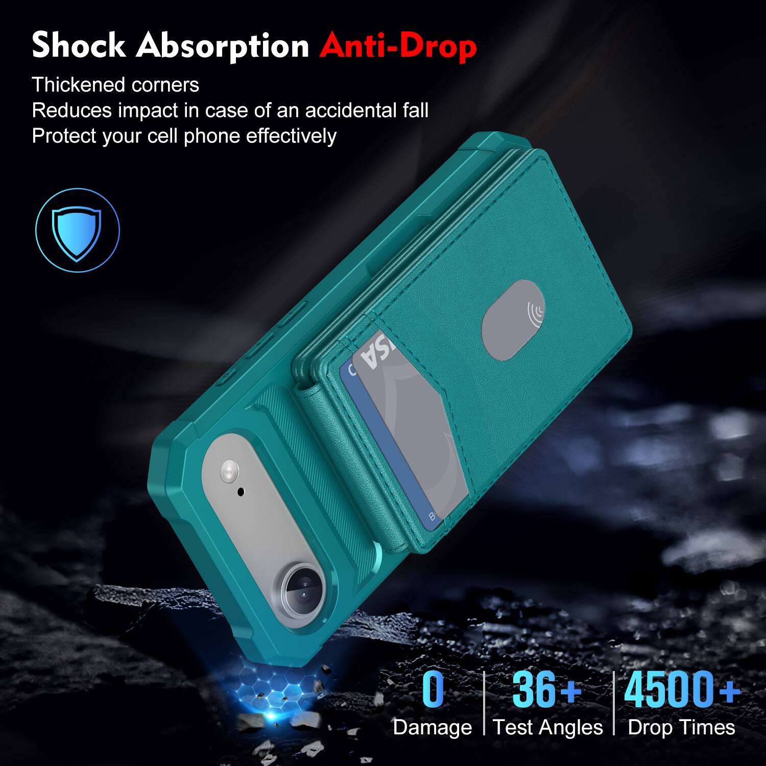 Shock Absorption Anti-Drop  
Thickened corners  
Reduces impact in case of an accidental fall  
Protect your cell phone effectively  

0 Damage  
36+ Test Angles  
4500+ Drop Times