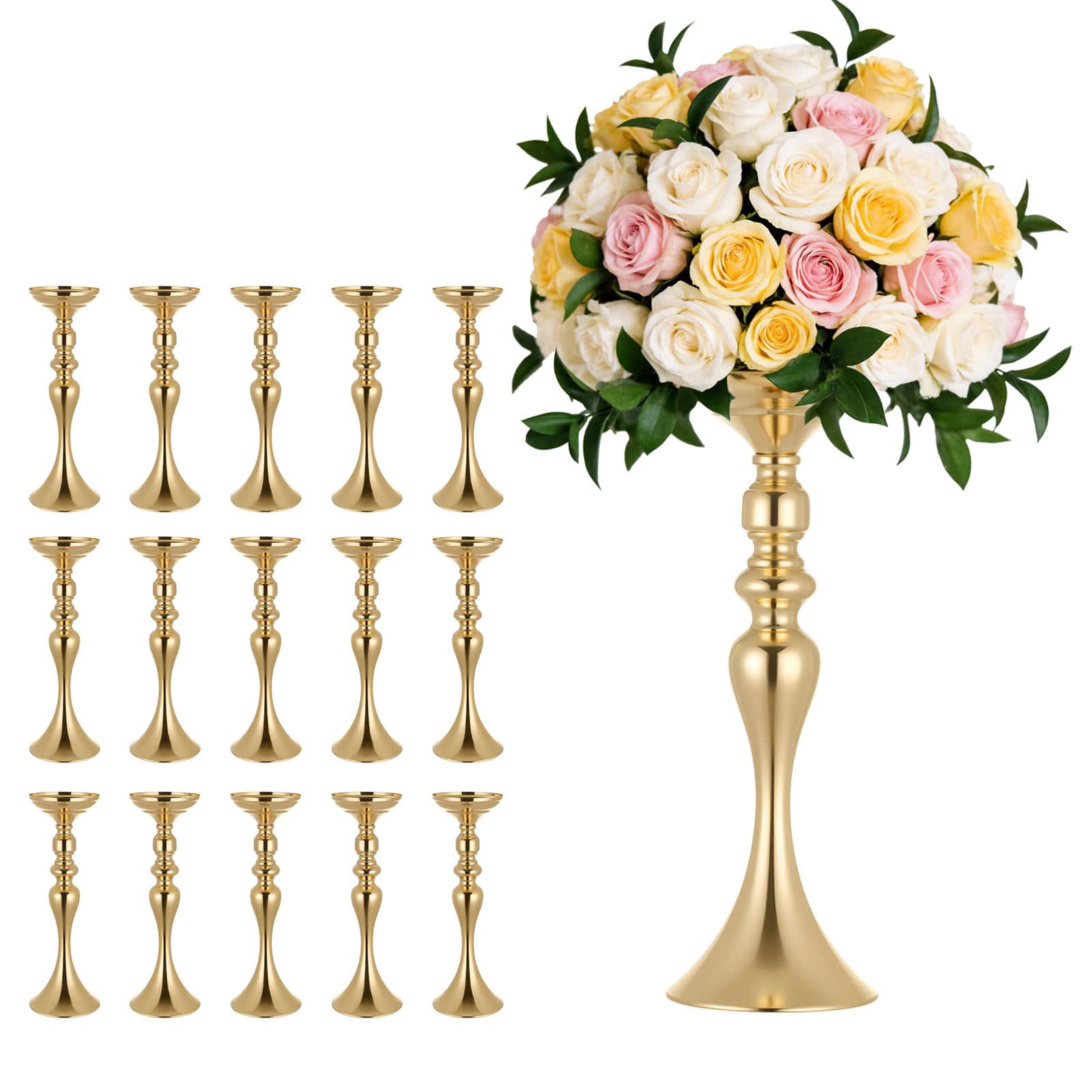 VEVOR - 16 PCS Wedding Flower Vase, 15 in Tall Flower Table Centerpieces, Crystal Banquet Vases Easy Installation - Gold