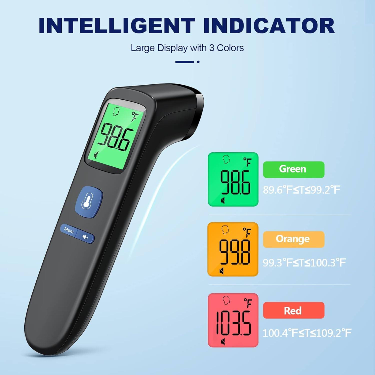 INTELLIGENT INDICATOR  
Large Display with 3 Colors

Green  
98.6°F to 99.2°F

Orange  
99.3°F to 100.3°F

Red  
100.4°F to 109.2°F