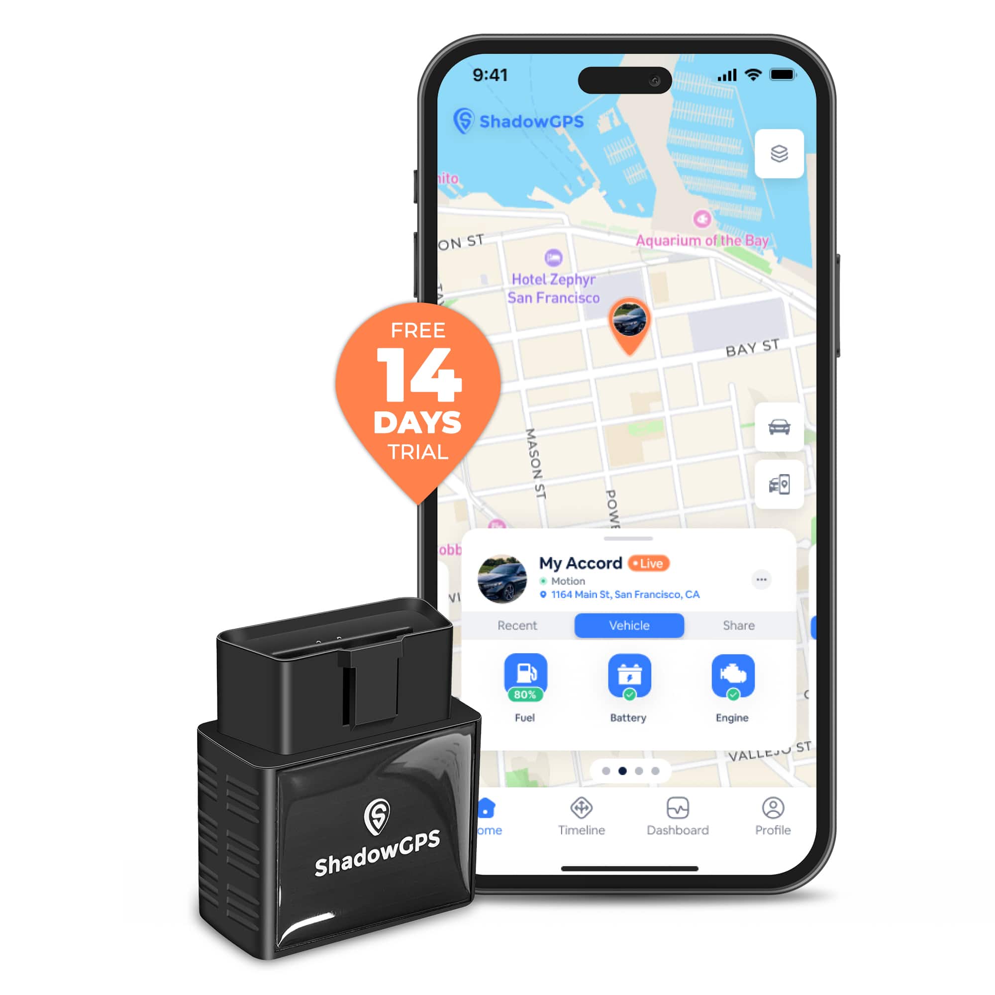 ShadowGPS - OBD-II GPS Car Tracker with Real-Time Location, Crash Alerts, Speed Monitoring, Vehicle Health & 1-Year Trip History - Black