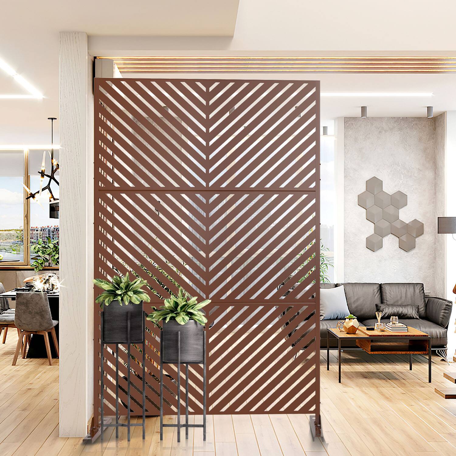 Alt View 2. PexFix - 72 in. x 47 in. Parallel Pattern Metal Outdoor Privacy Screen & Panels, Freestanding Garden Divider Fence - Rust Color.