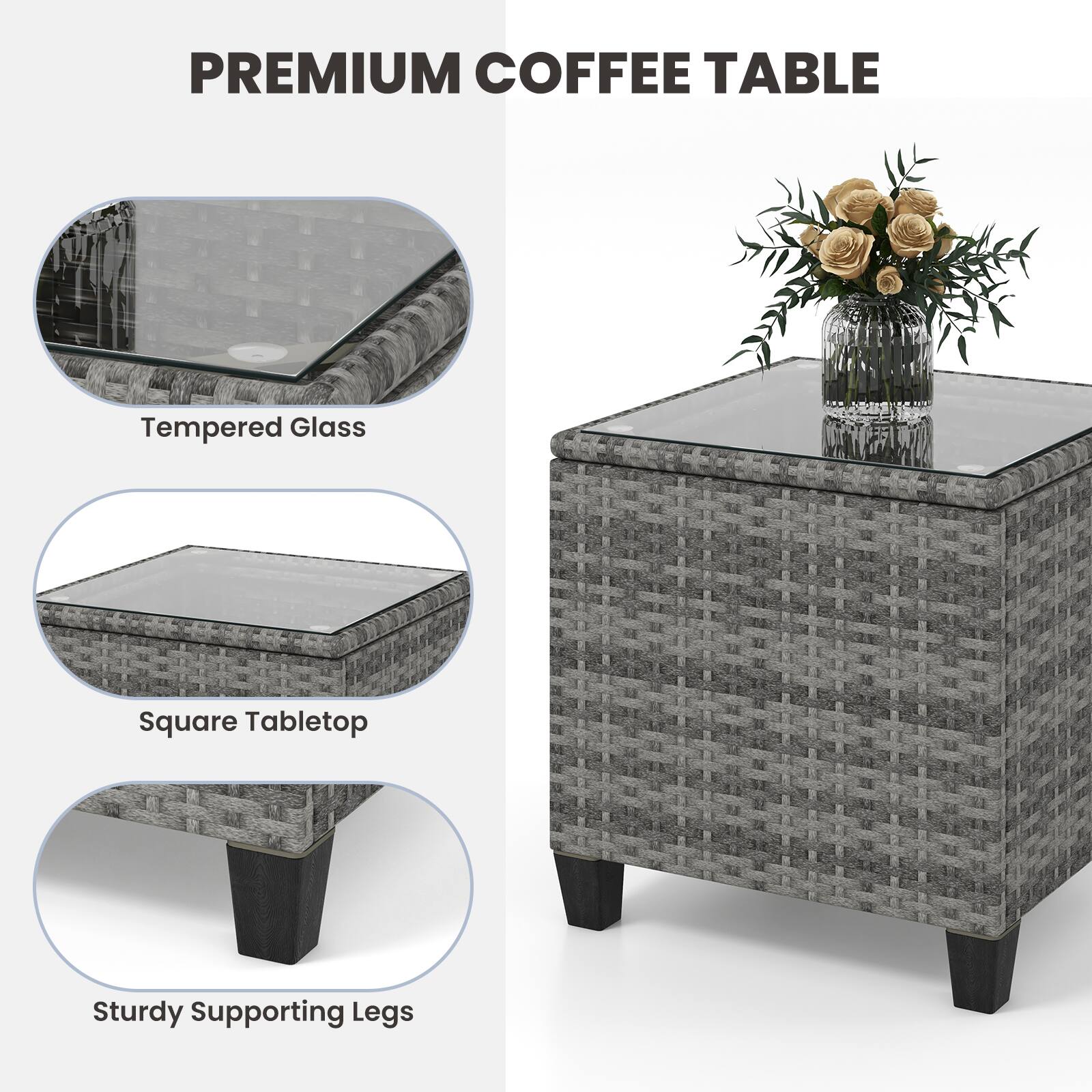 PREMIUM COFFEE TABLE

Tempered Glass
Square Tabletop
Sturdy Supporting Legs