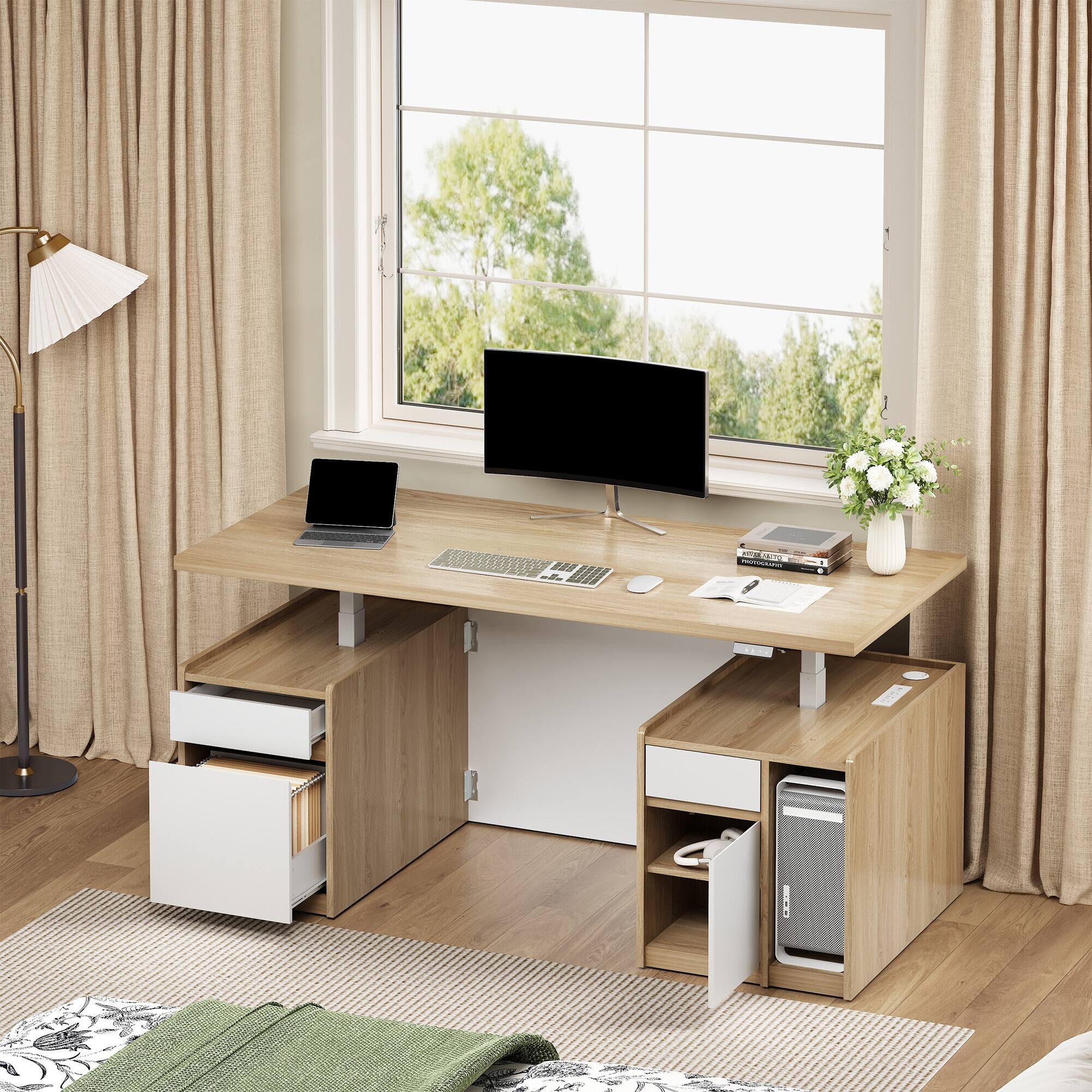Alt View 2. ModernMate - 70.8" Executive Electric Standing Desk with Privacy Panel, Drawers & File Cabinet, AC/USB - Light Walnut.
