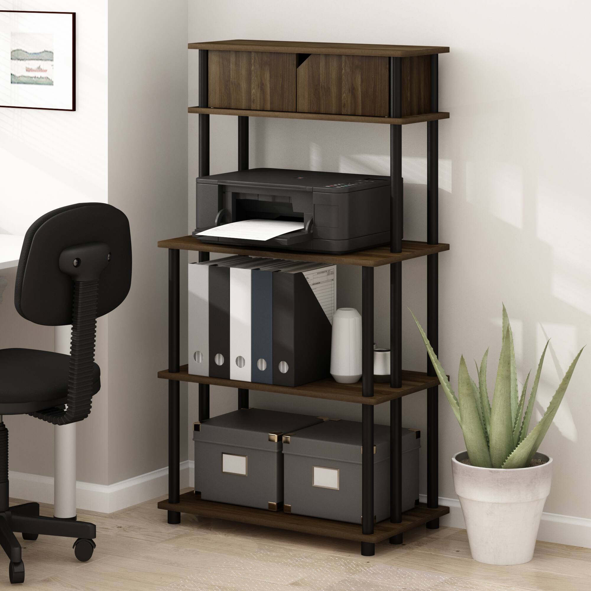 Alt View 1. Furinno - TURN-N-TUBE Printer Stand, 5-Tier Printer Stand with Storage Shelf and Closed Cabinet, for Home Office - Brown Walnut/Black.