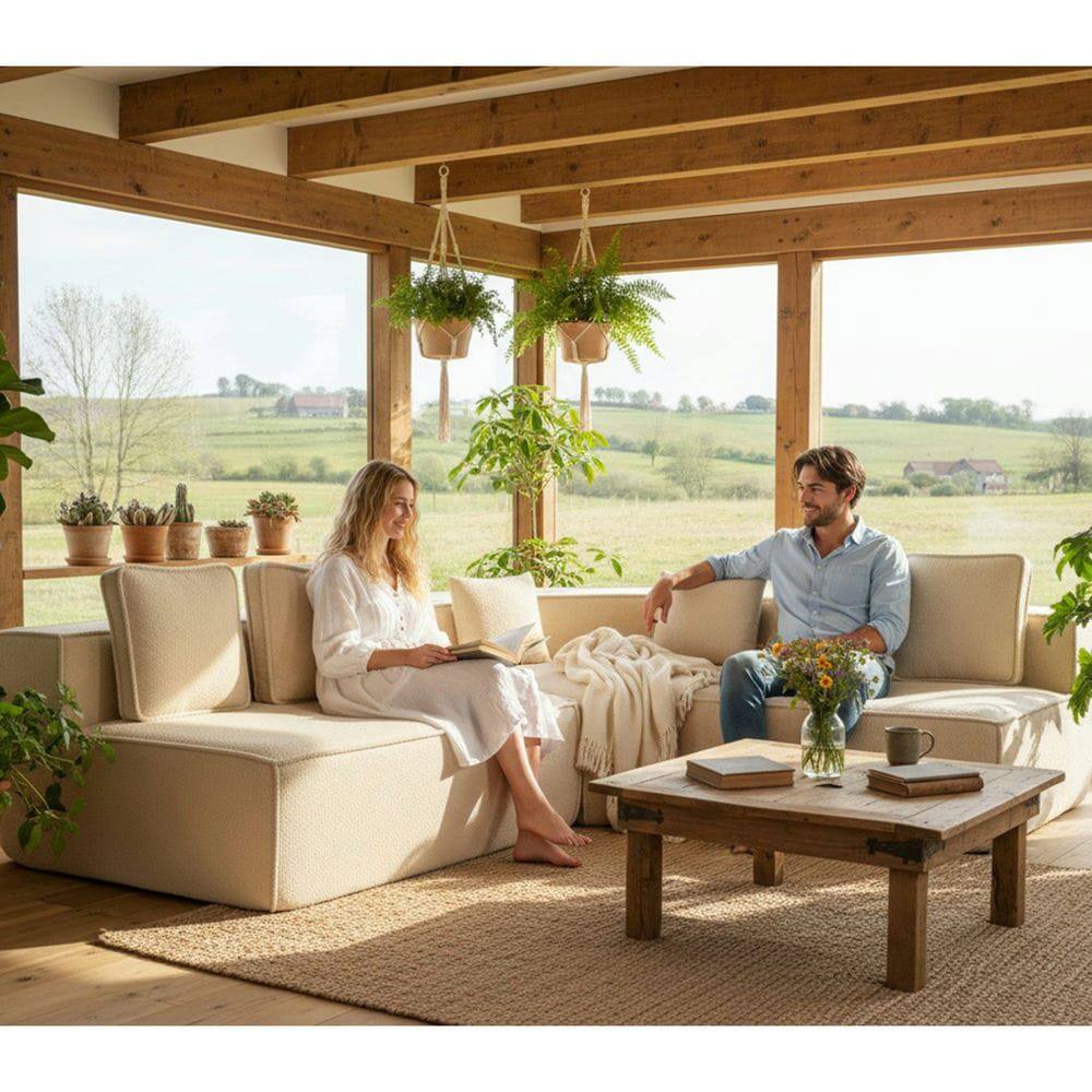 Alt View 7. Kadyn - 132" Oversized Teddy Modular Sofa - Full-Foam Couch with 6 Pillows, High-Density Support for Family Living Rooms - Beige.