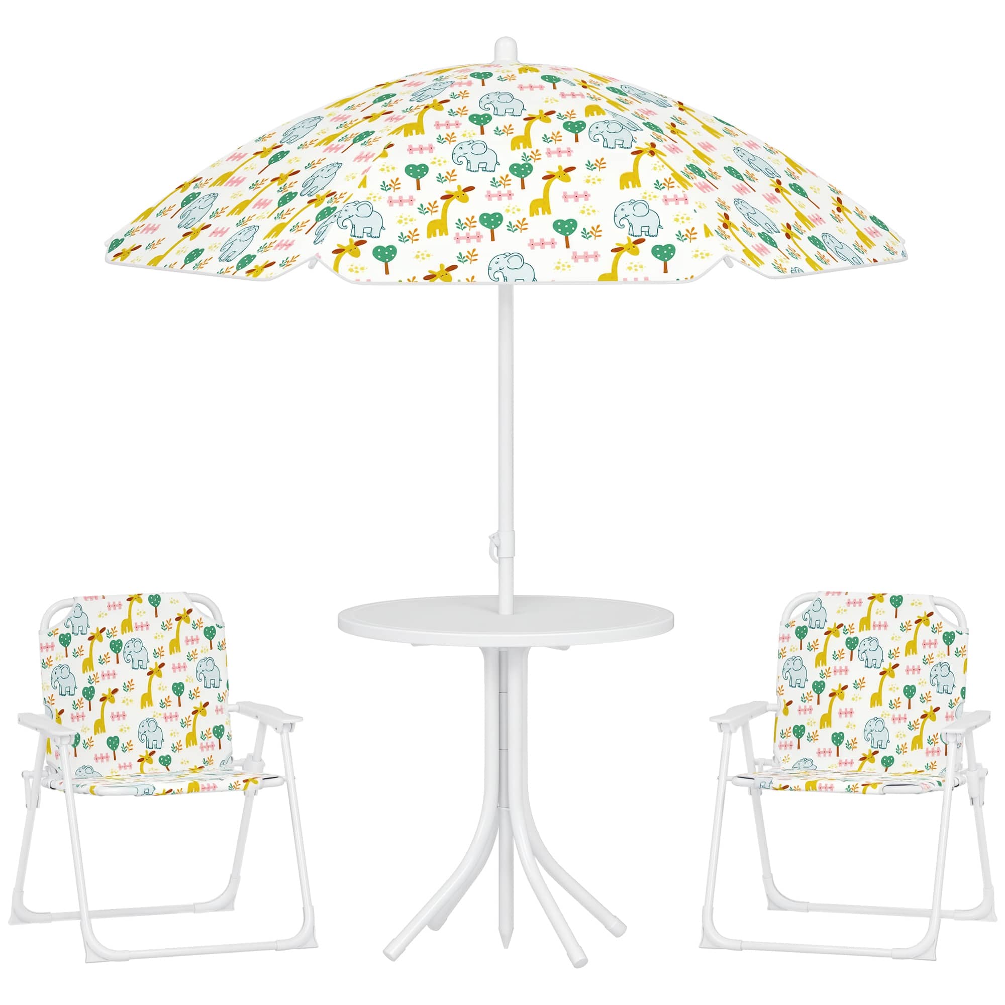 Qaba - Kids Picnic Table and Chair Set, Outdoor Activity Table with Foldable Chairs, Removable Umbrella, Giraffe Pattern - White