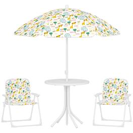 Qaba - Kids Picnic Table and Chair Set, Outdoor Activity Table with Foldable Chairs, Removable Umbrella, Giraffe Pattern - White