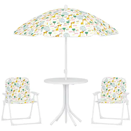 Front. Qaba - Kids Picnic Table and Chair Set, Outdoor Activity Table with Foldable Chairs, Removable Umbrella, Giraffe Pattern - White.