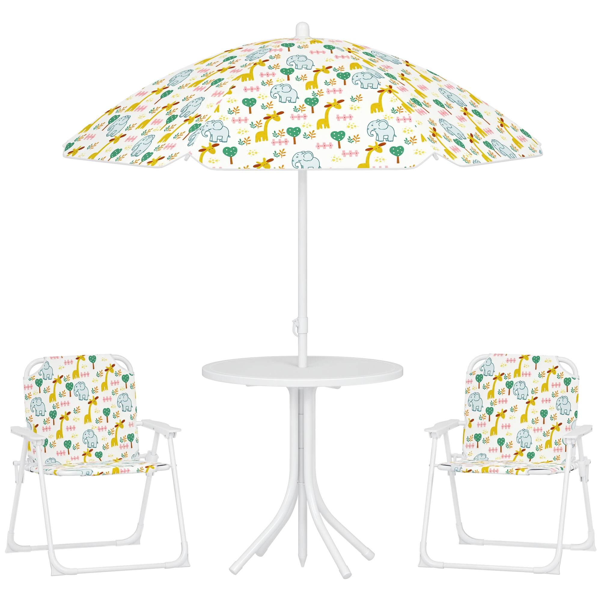 Front. Qaba - Kids Picnic Table and Chair Set, Outdoor Activity Table with Foldable Chairs, Removable Umbrella, Giraffe Pattern - White.