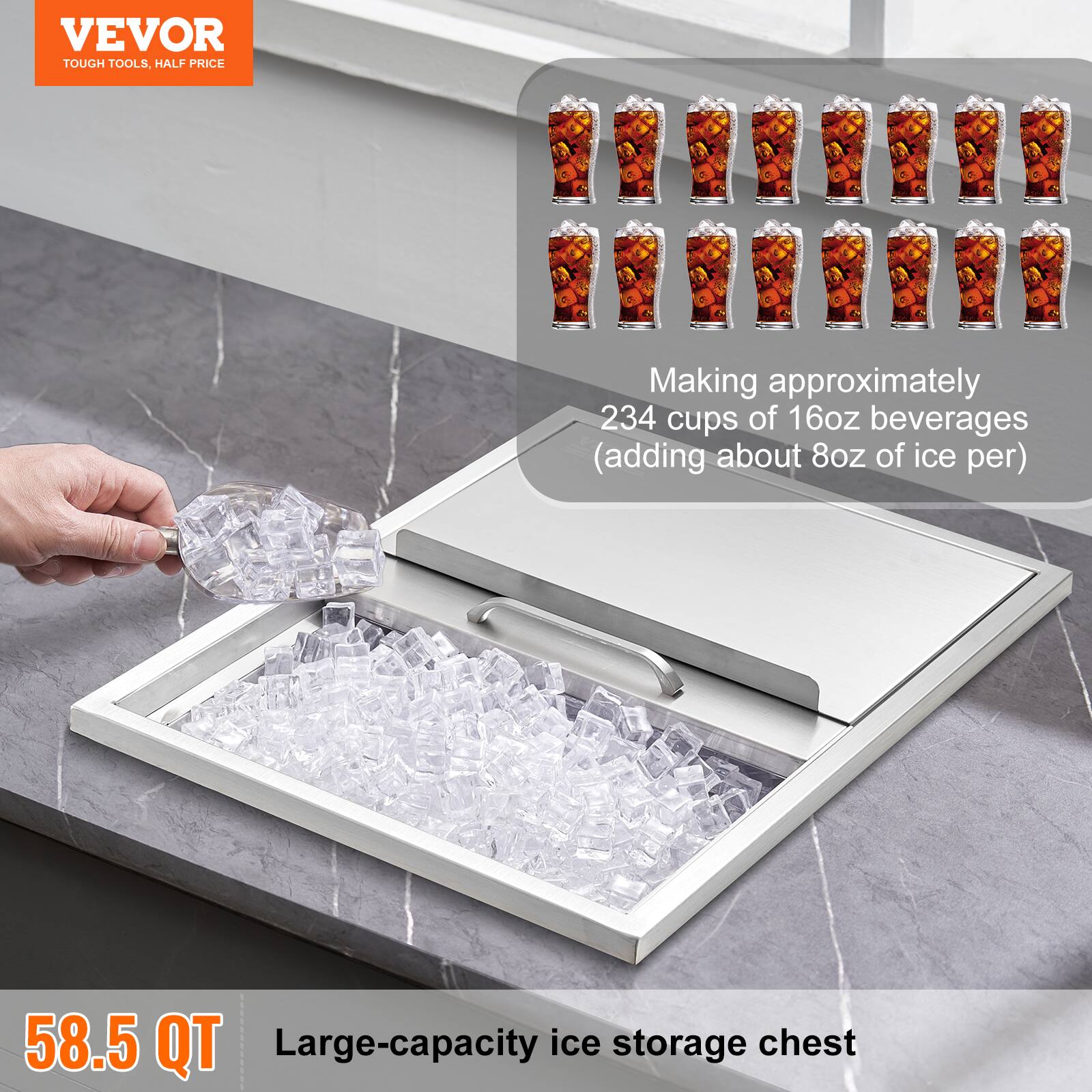VEVOR  
TOUGH TOOLS, HALF PRICE  

Making approximately 234 cups of 16oz beverages (adding about 8oz of ice per)  

58.5 QT  
Large-capacity ice storage chest